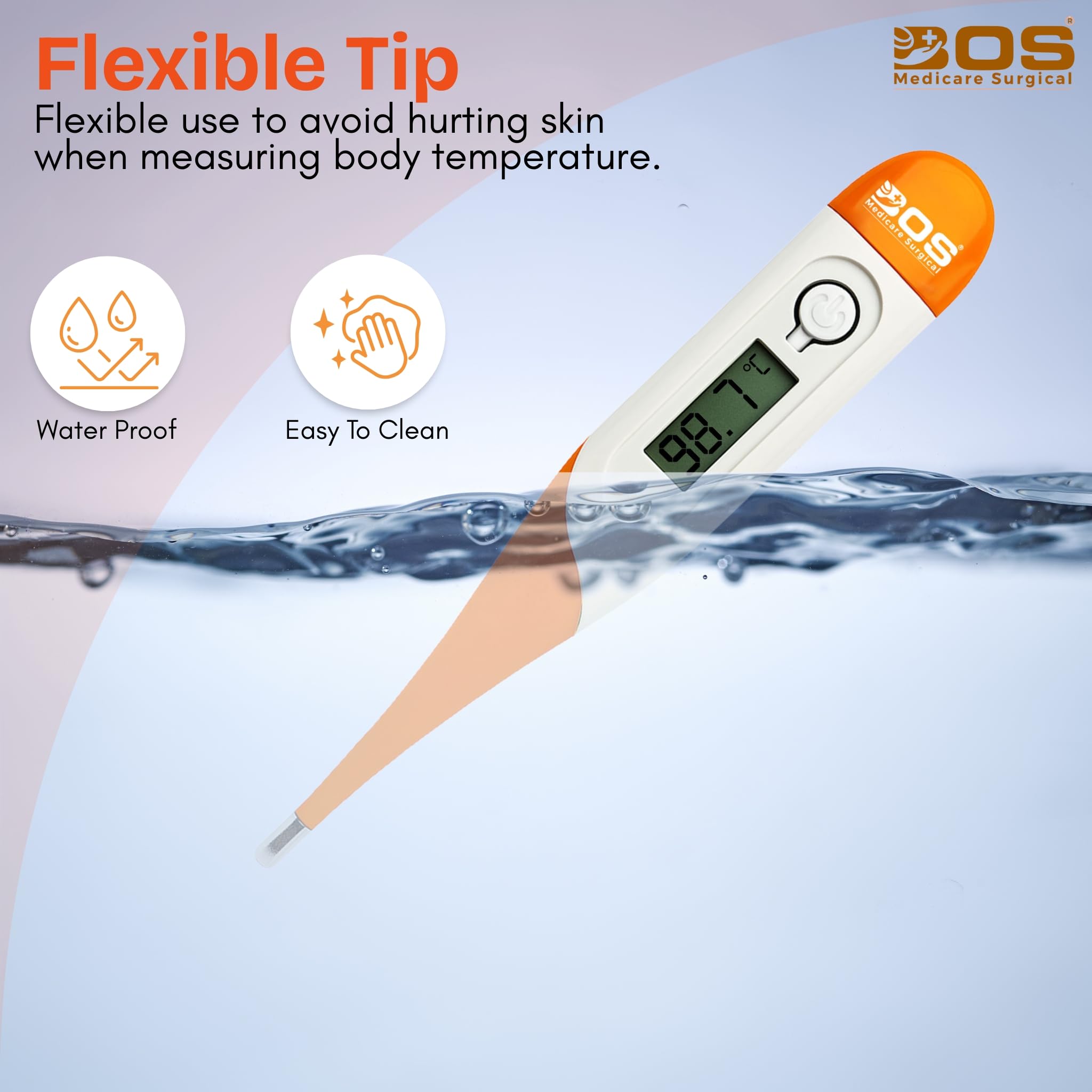 Bos Medicare Surgical Pack of 2 Digital Thermometers β Fast & Accurate Temperature Reading | Flexible Tip | Fever Alarm | Oral, Underarm & Rectal Use | Orange/White 4