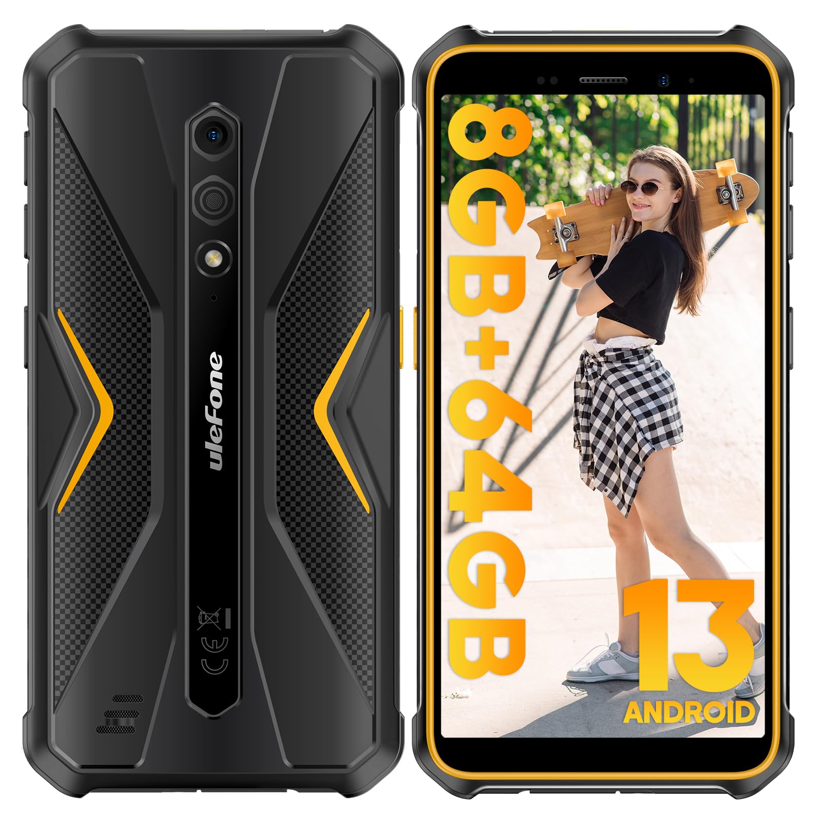 Ulefone Rugged Smartphones, Unlocked Armor X12 Pro Rugged Phone, 8GB+64GB, 5.45 inch HD+ Display, 13MP Rear Camera, 4860mAh, 3-Card Slot, NFC, Face ID, Orange