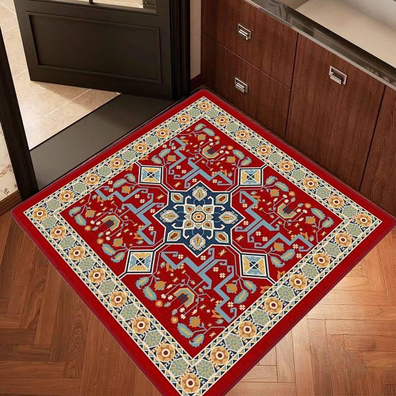 Tapis géométrique floral rétro bleu et rouge de 110x110 cm pour décoration de chambre