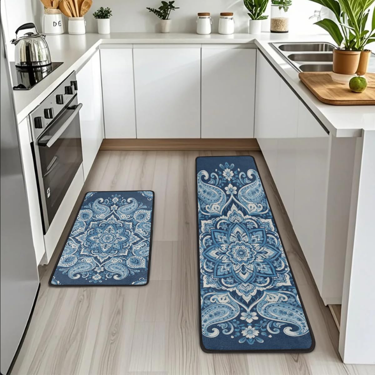 Anti Fatigue Indigo Paisley Mandala Kitchen Mats for Floor 2 Piece Set, Waterproof Non Slip Boho Kitchen Floor Rugs, Comfort Standing Mat for Sink Laundry & Home Kitchen 17"x47"+17"x29"