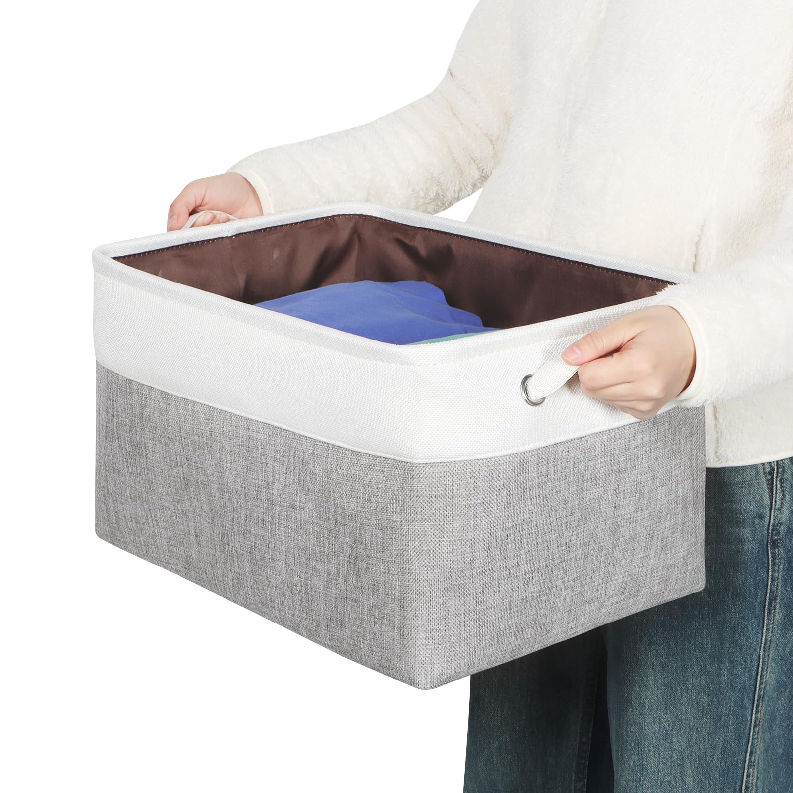 Canastas de almacenamiento de tela con asa, cajas de almacenamiento grandes para armario, estantes, guardería, dormitorio, hogar (17 x 11.8 x 9.8 pulgadas)