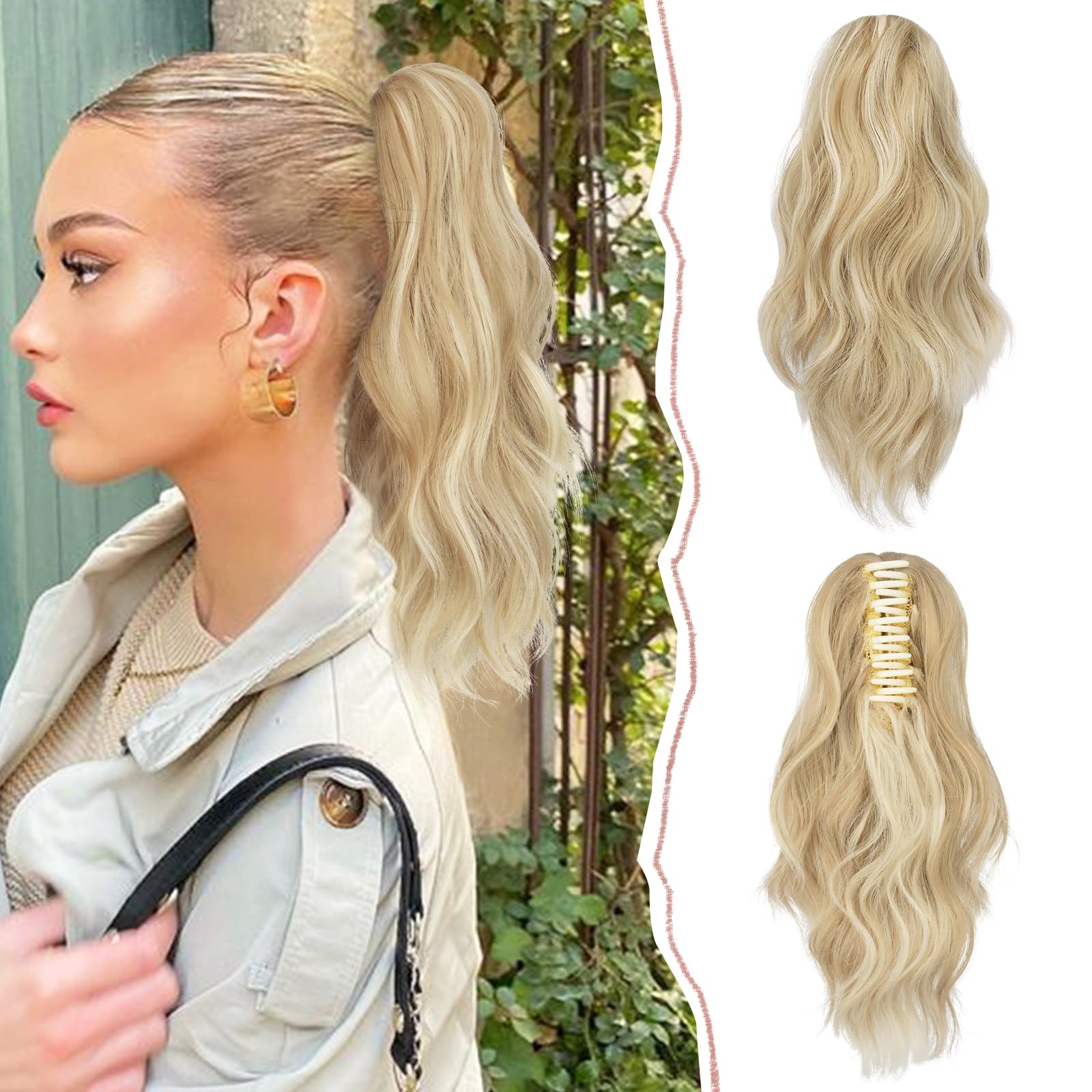 Sofeiyan 14'' Ponytail Extension Curly Clip in Claw Hair Extensions Natural Wavy Looking Synthetic Hairpiece for Women, Light Beige Blonde Mix Cream Blonde