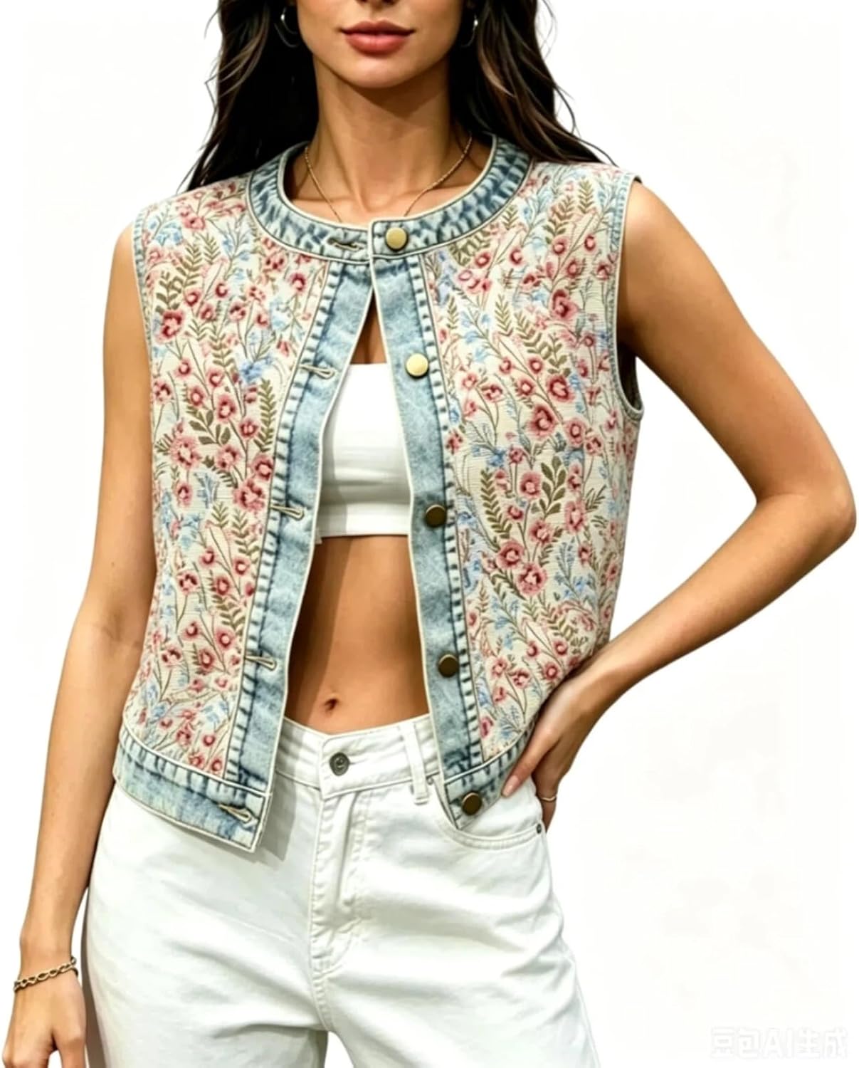 Women's Floral Denim Vest Sleeveless Jean Jacket Button Down Embroidered Waistcoat Top(Red,M)