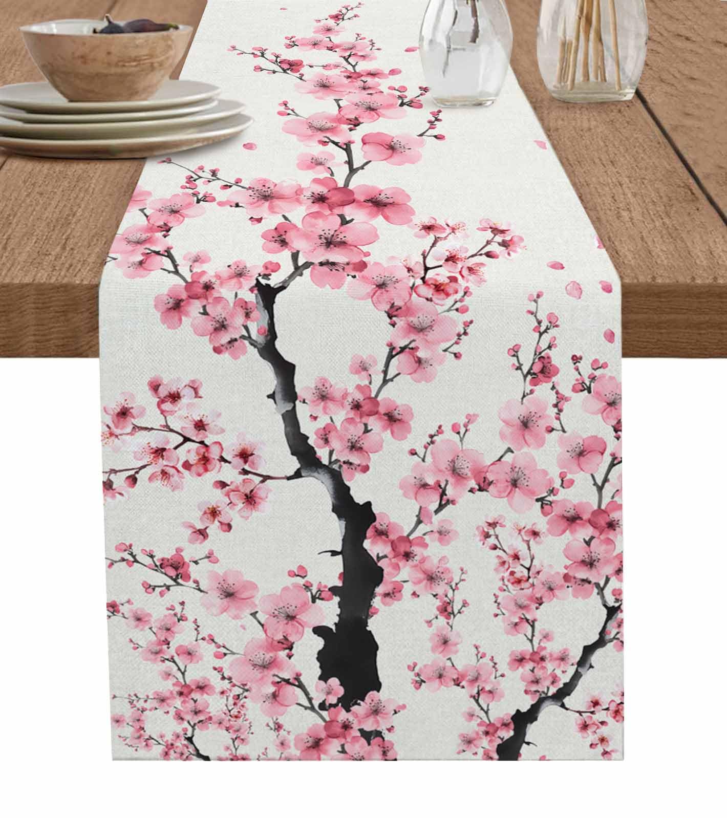 Falaniique Cherry Blossom Table Runner 72 Inches Long Cotton Linen Kitchen Dinner Table Runners, Burlap Tablerunner for Dresser/Dining/Party/Wedding