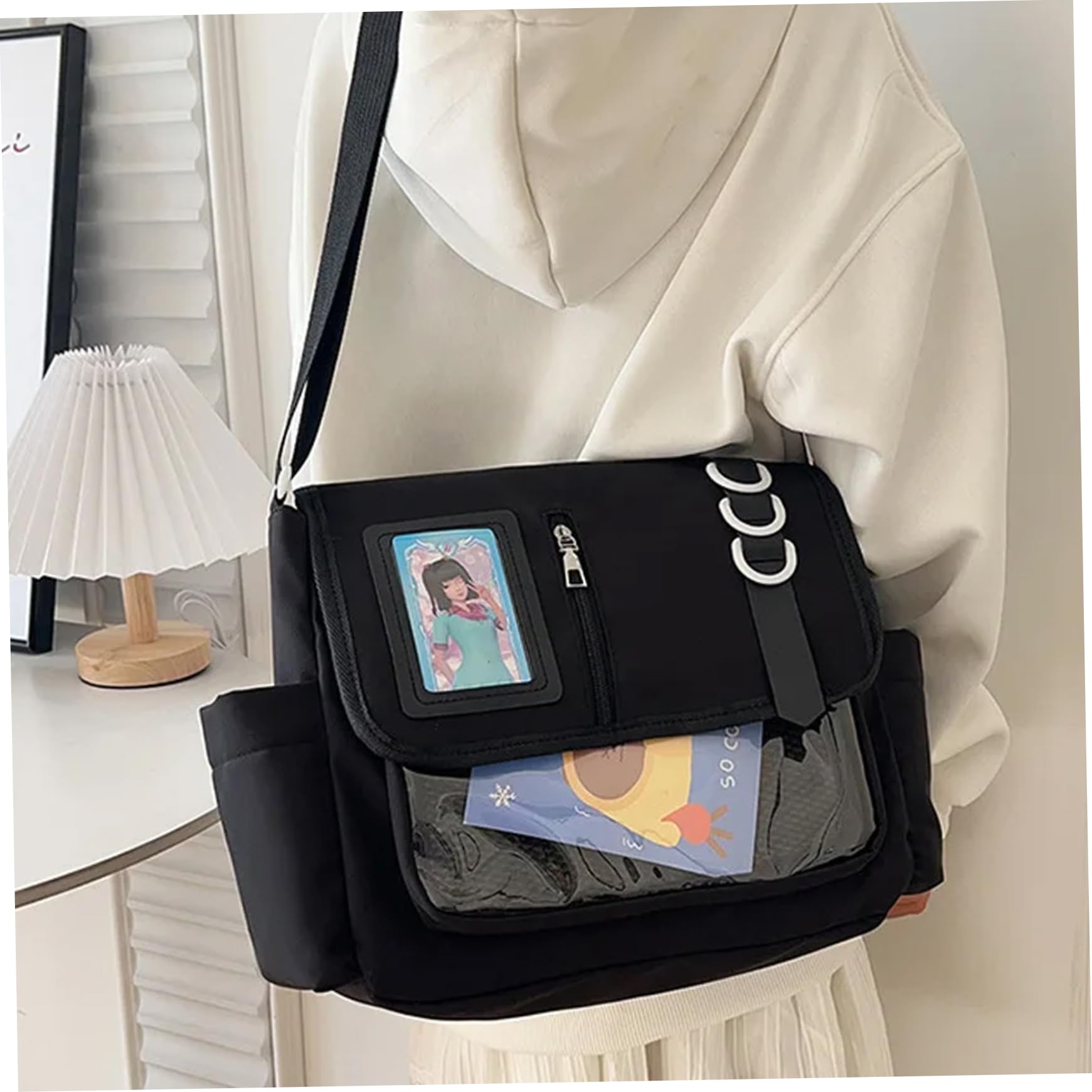 Ita-Tasche, japanische Schultasche, Kawaii-Umhängetasche, Nylon, schwarz, Ita mit Pin-Display-Tasche, Verstellbarer Riemen, großes Fassungsvermögen, Geldbörse für Gilrs-Frauen