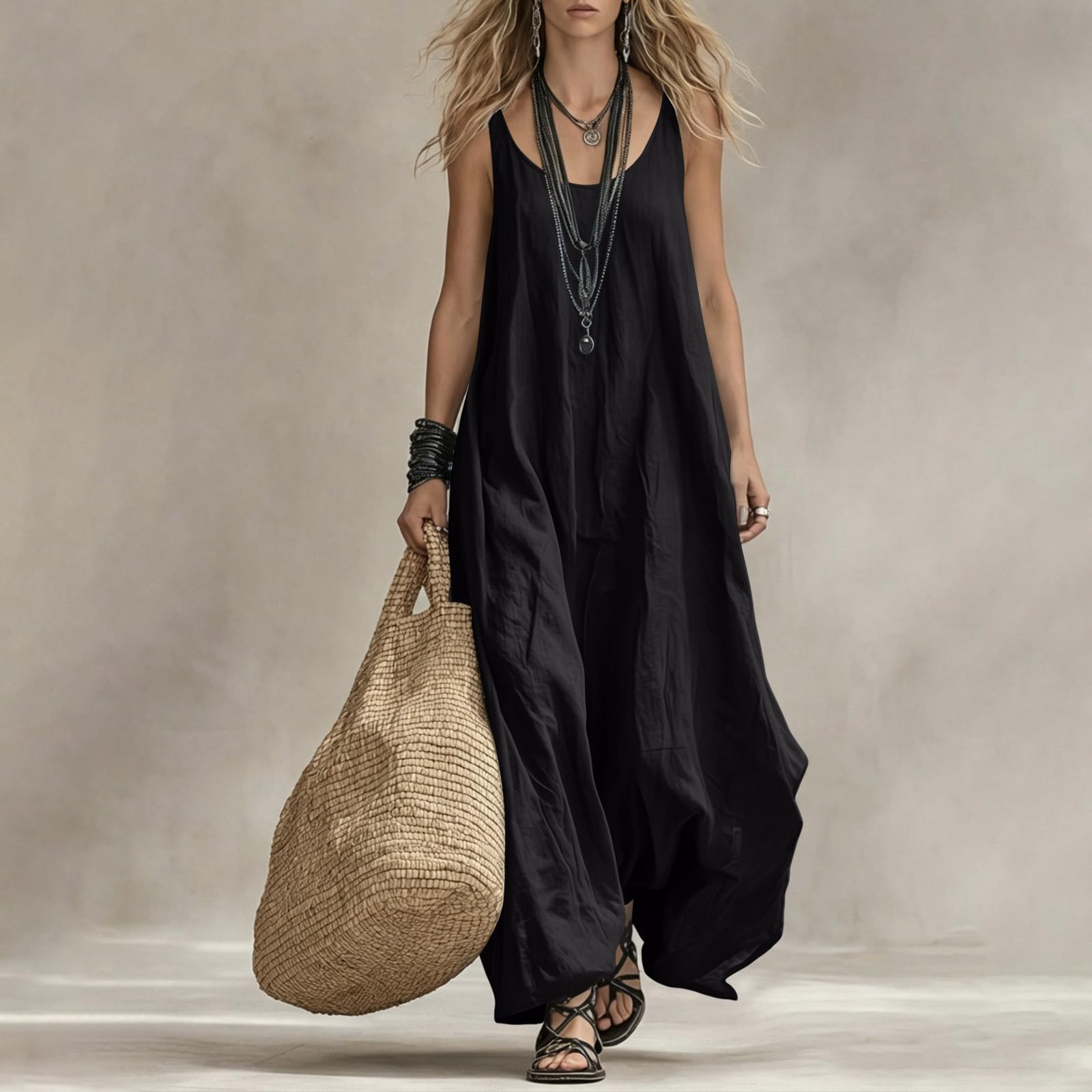 Strandkleid Damen Sommer, Leinenkleider Ärmellos Sommerkleid Leicht Und Luftig Elegant Rundhals Leinenkleid Maxi Blusenkleid Locker Einfarbig Lässig Shirtkleid Boho Musselin Kleid Wickelkleid