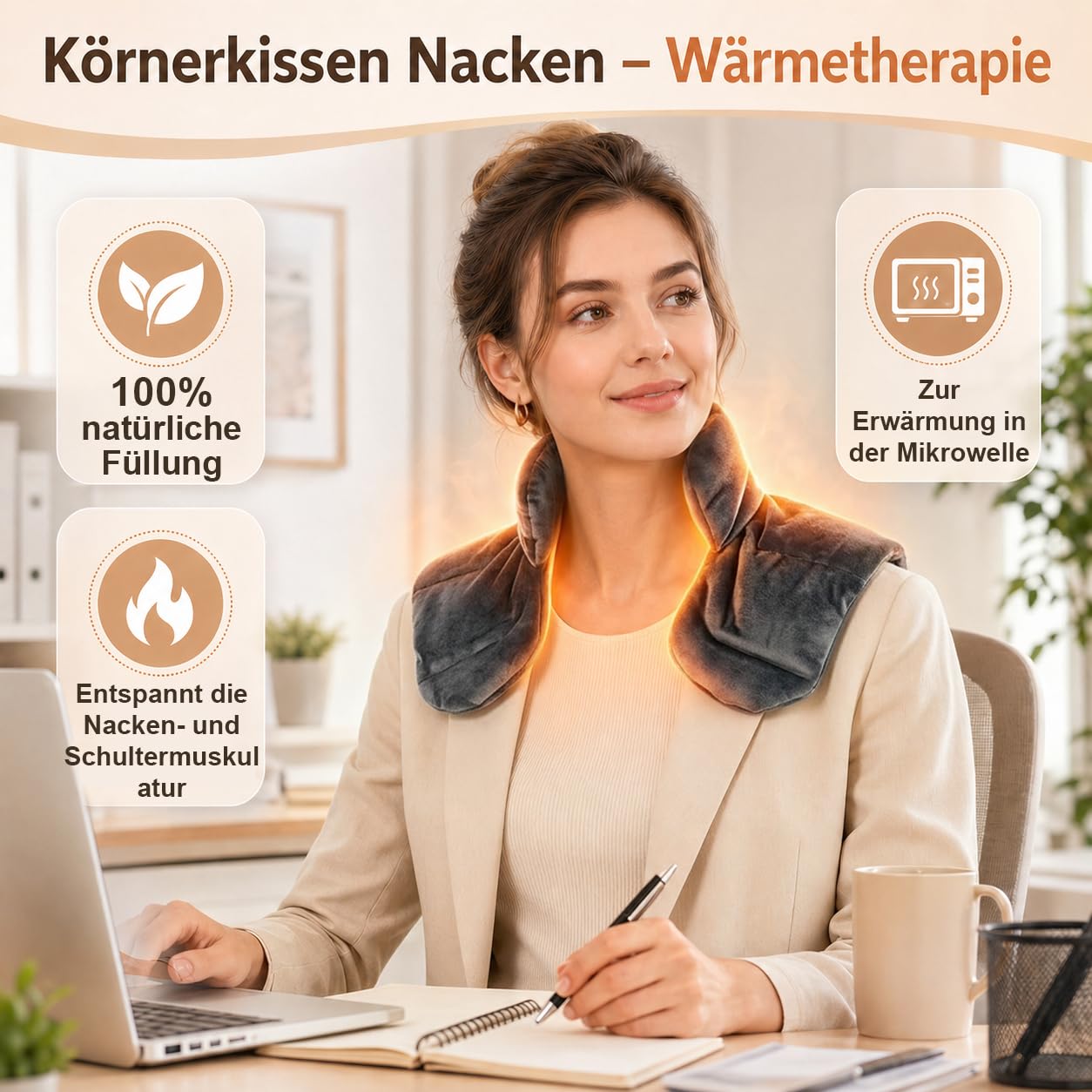 Körnerkissen Nacken, Nacken Wärmekissen mit 100% natürlicher Füllung, Kirschkernkissen Mikrowelle für Wärme-/Kältetherapie, Geschenk für Familie & Freunde (Grau)