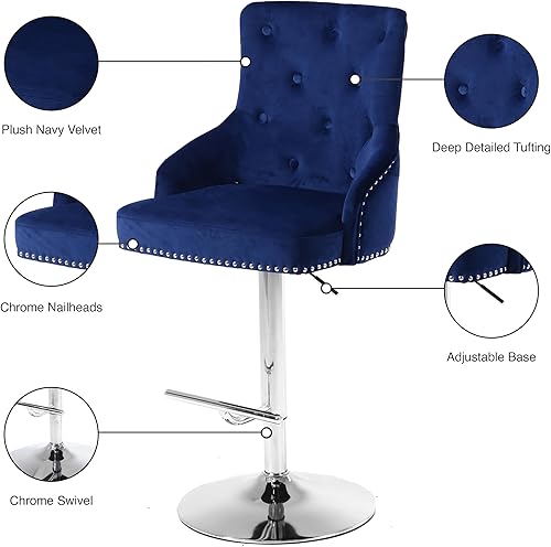 Miniatura 7 de Meridian Furniture Colección Claude Modern  Barra ajustable tapizada de terciopelo contemporáneo  Taburete de mostrador con base de metal dorado,