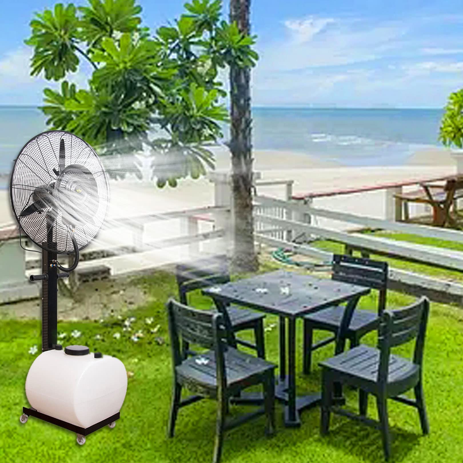Ventilador de nebulización oscilante comercial para refrigeración al aire libre, 3 velocidades ajustables, ideal para patio y jardín