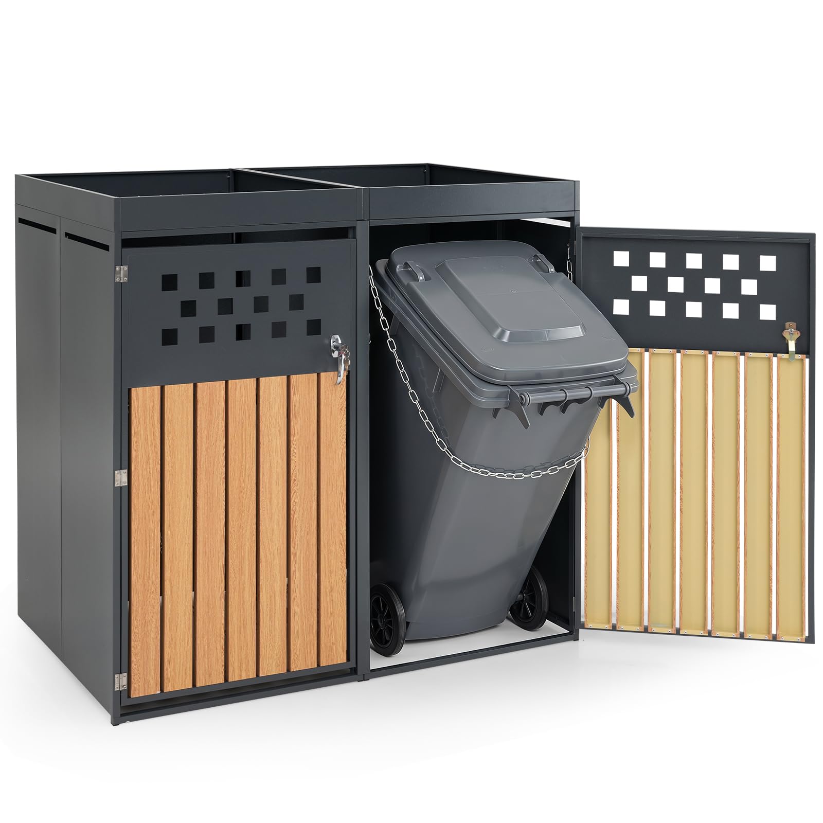 COSTWAY Mülltonnenbox 2er für 2 Tonnen aus verzinktem Stahl mit Pflanzdach | Mülltonnenverkleidung mit abschließbarem Griff, verstellbaren Fußpolstern & Sichtstreifen in Holzoptik, 132 x 80 x 124 cm