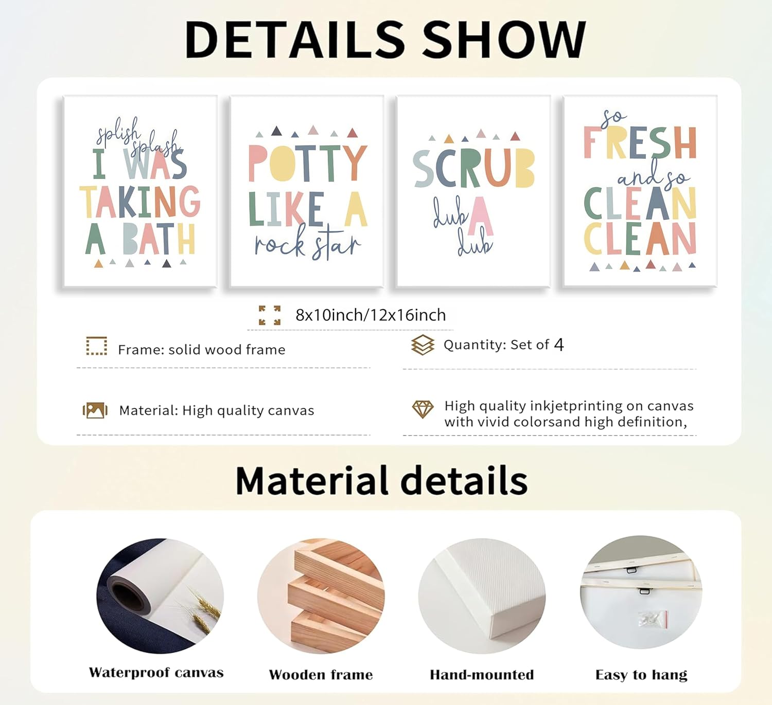 4 Pcs Funny Kids Bathroom Rules Canvas Wall Art Colorful Toilet Word Poster Prints for Home Kid Washroom Pictures Restroom Nursery Toilet Laundry Wall Decor 12x16in Framed