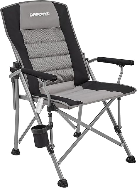 FUNDANGO Camping Chair Deluxe Folding Chair with Comfy Padded High Back Armrest Cup Holder for Outdoor Camp Chair Supports 136kg Black & Grey