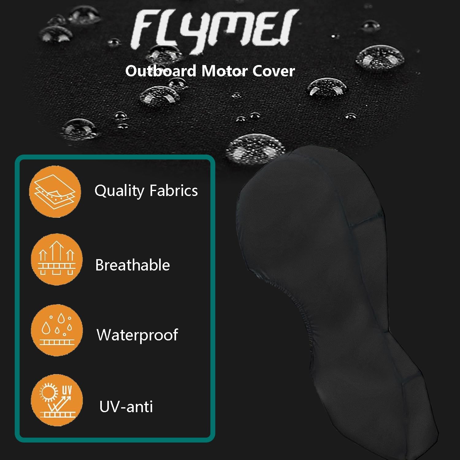 FLYMEI Outboard Motor Cover Fit 100-150 HP Motor, Full Boat Motor Cover Waterproof 600D Heavy Duty Oxford Fabric with PU Coating, Windproof Outboard Engine Hood Covers with Zipper, Universal, Black