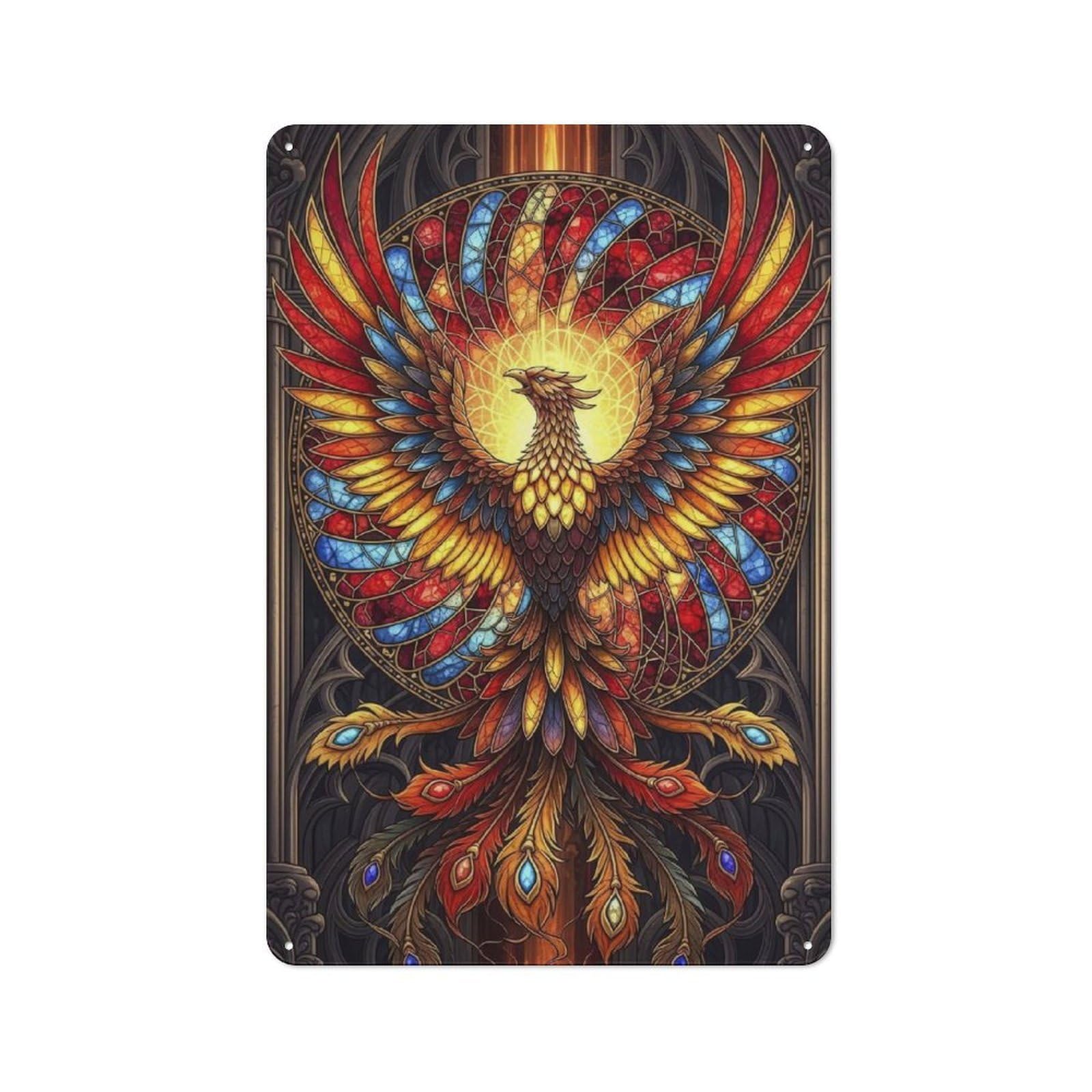Junmoney Style-1 Metal Wall Sign 30X20cm Featuring Stained Glass Phoenix For Living Room Wall, For Feature Wall Decorators