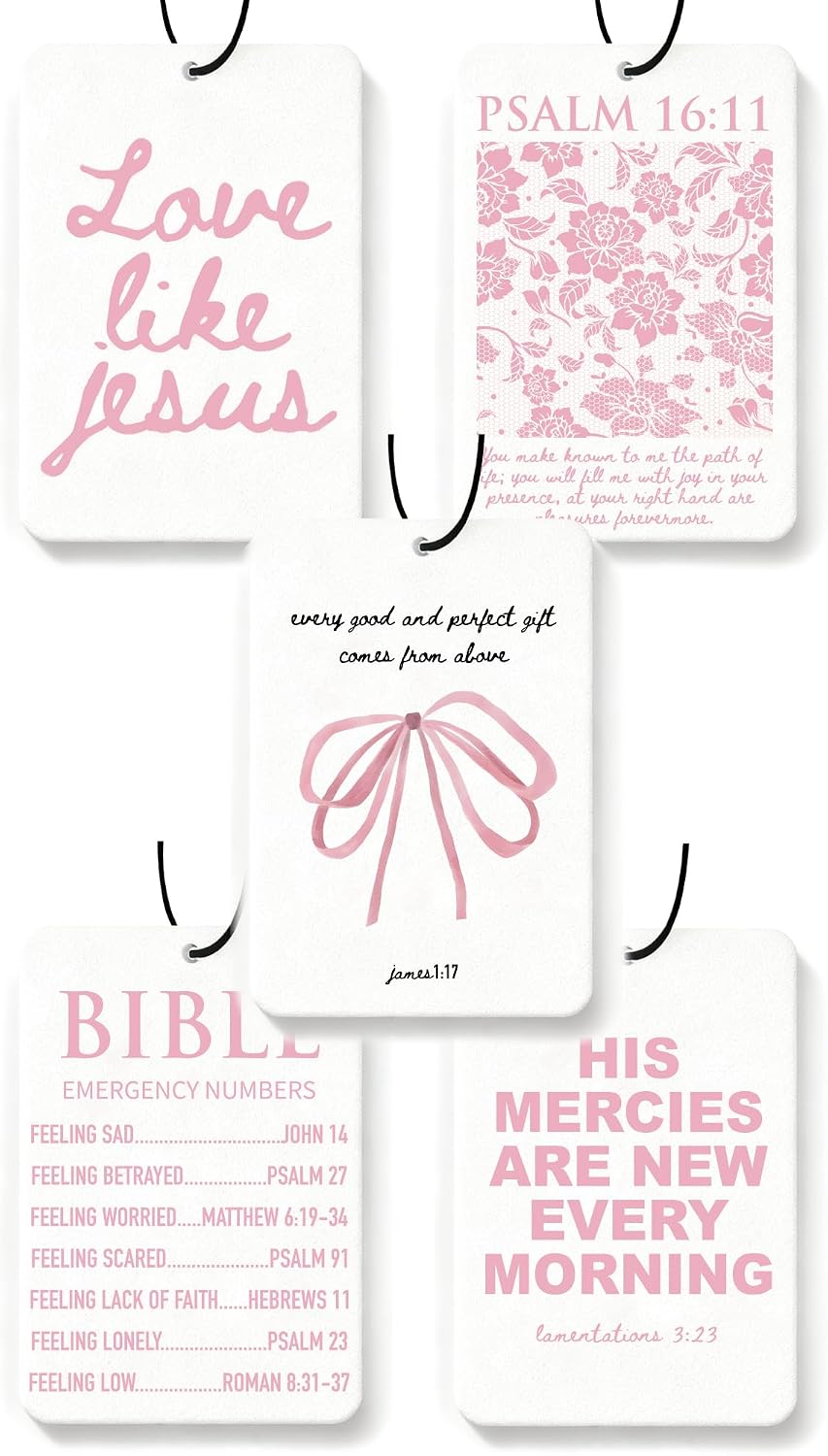 Christian Car Air Freshener Pink Cute Girly Inspirational Coquette 5Pcs Jesus Bible Verses Bow Accessories Car Interior Hanging Scents Mirror Decor Gifts for Women Girls