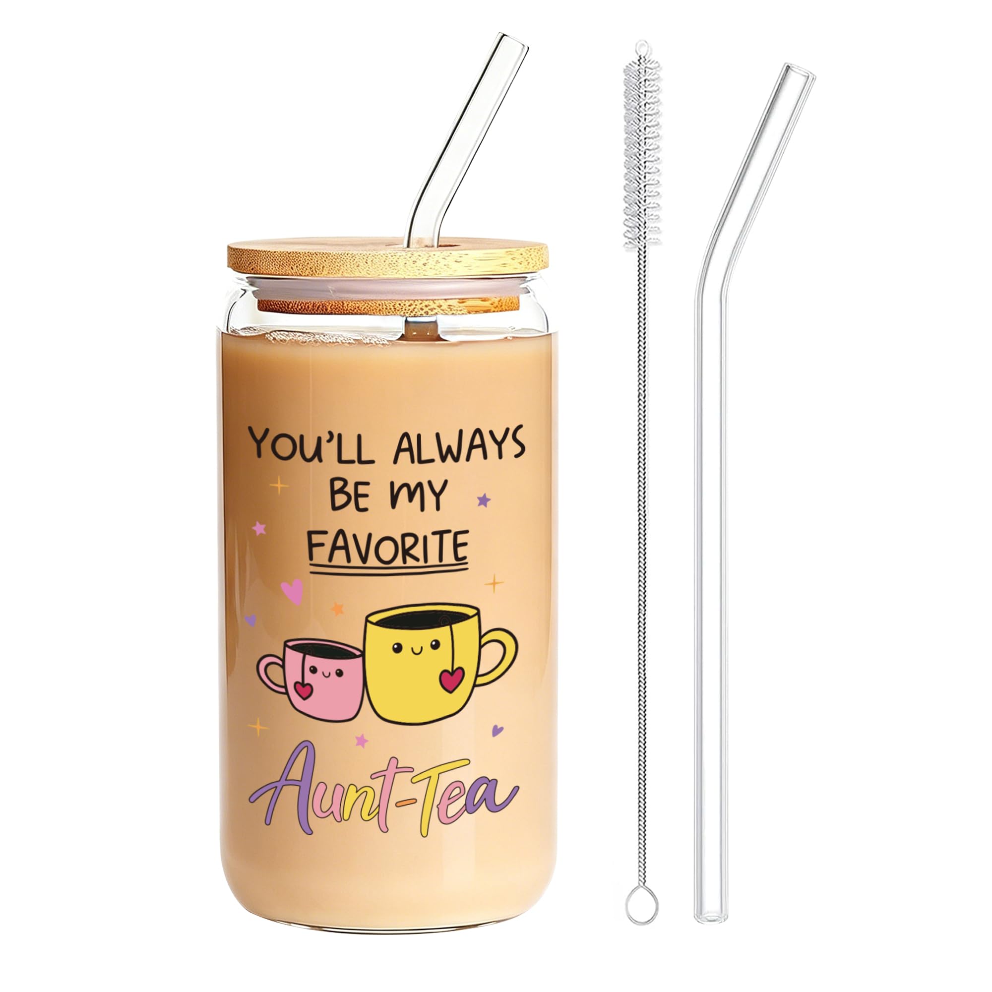 ZenDecor Auntie Gifts for Women – 16 oz Coffee Glass Cup with Lid and Straw