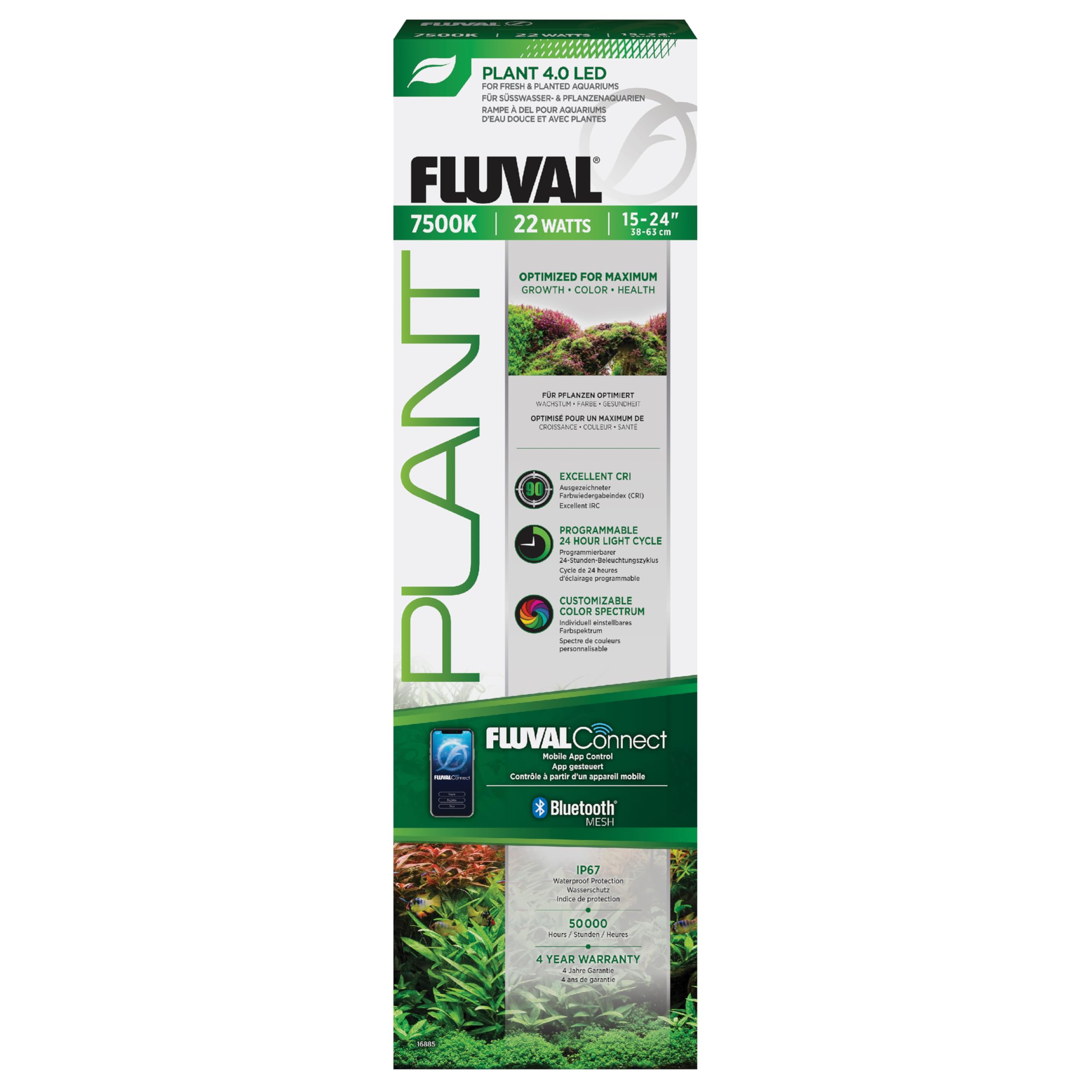 Fluval Plant 4.0 LED, 22W Vollspektrum Aquarienbeleuchtung für 38-63 cm breite Becken, Bluetooth App-Steuerung & hohe Farbwiedergabe für gesundes Pflanzenwachstum, Schwarz
