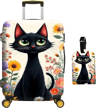 Luggage Cover Protector L,Universal Stretchable Suitcase Protector with Fashion Designs,Scratch Proof,Travel Accessories,Black Cat Sunflowers