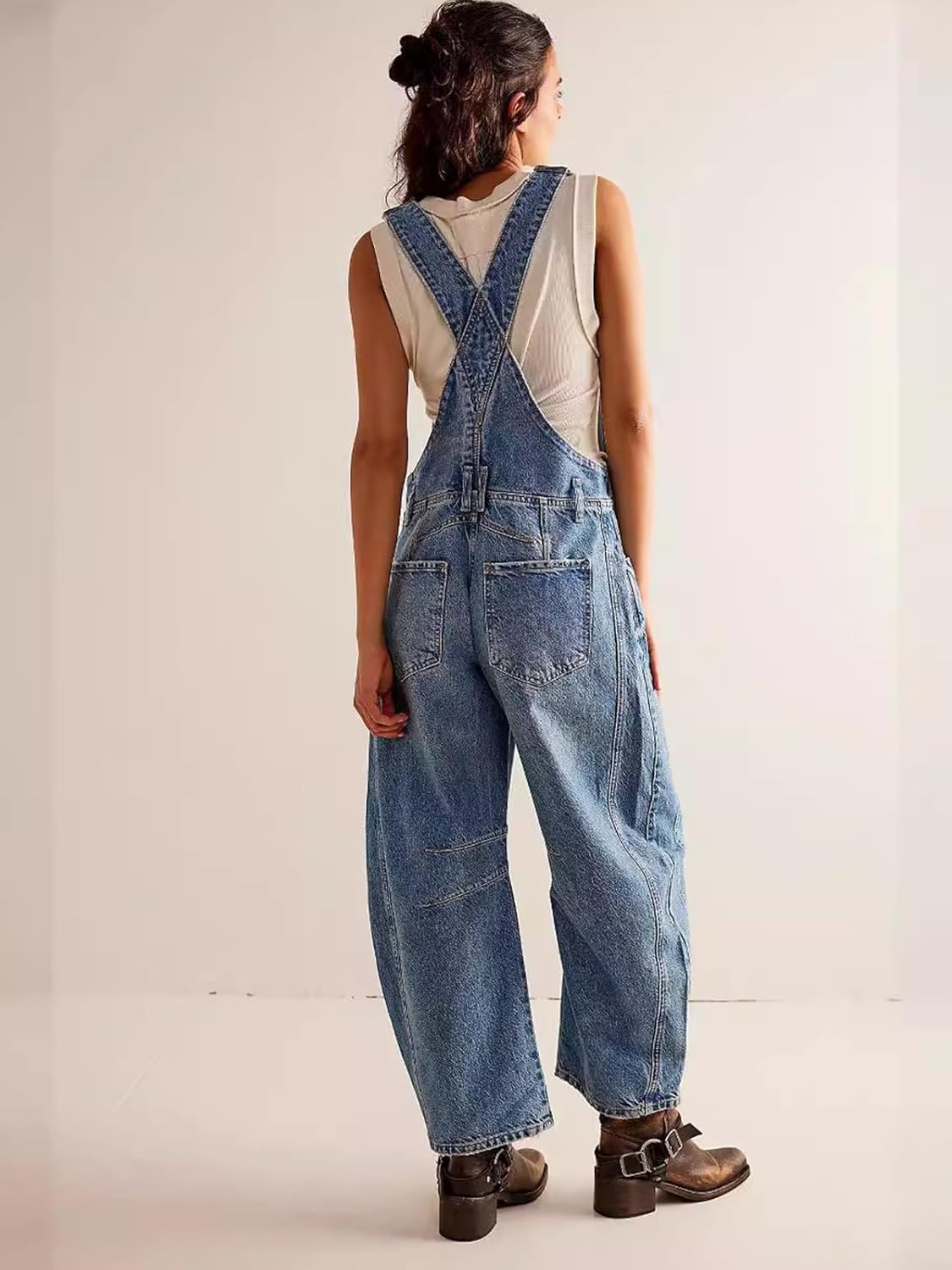 LONGBIIDA Women's Denim Overalls Barrel Wide Leg Loose Fit Bib Jean Romper Adjustable Strap Casual Jumpsuit