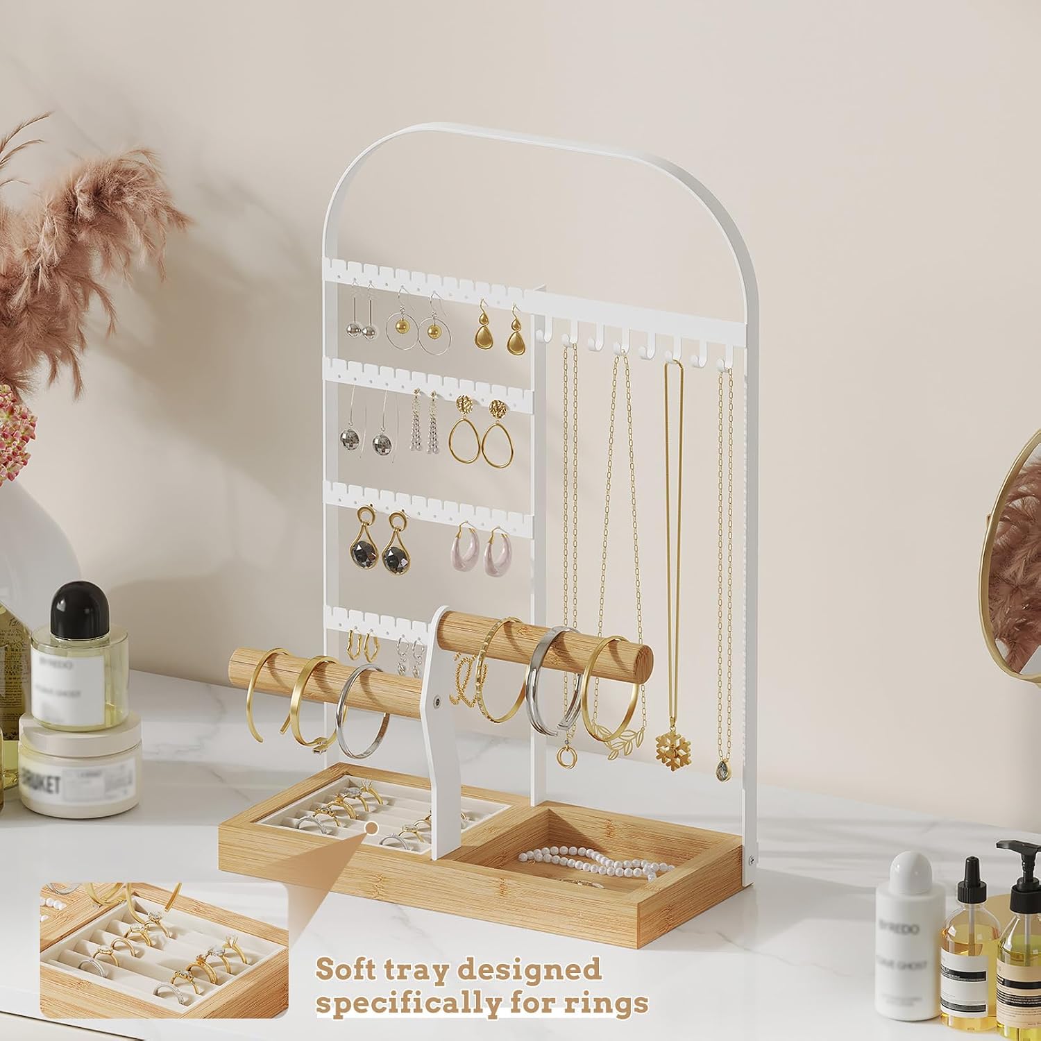  Jewelry Organizer Stand with Velvet Ring Holder 2 Bracelet Holder Display 4 Tier Jewelry Rack with 8 Necklace Hooks and 48 Earring Holes Organizer Storage Wooden Box White thumbnail