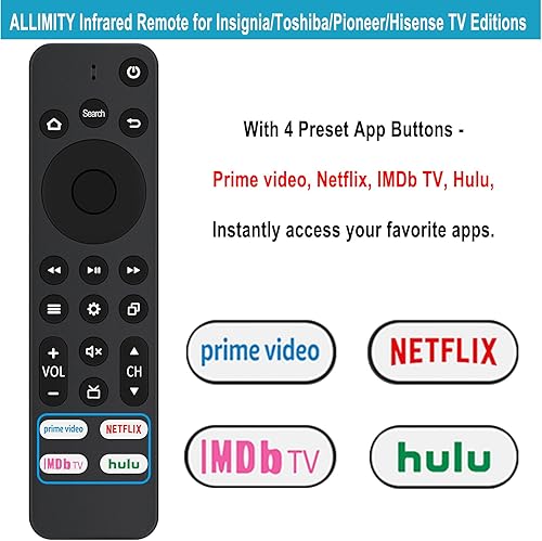 Miniatura 3 de Allimity CT-95018 CT-RC1US-21 CT-RC1CA-21 NS-RCFNA-21 CP-RC1NA-22 Remoto IR de repuesto compatible con InsigniaToshibaPioneerHisense Smart TV