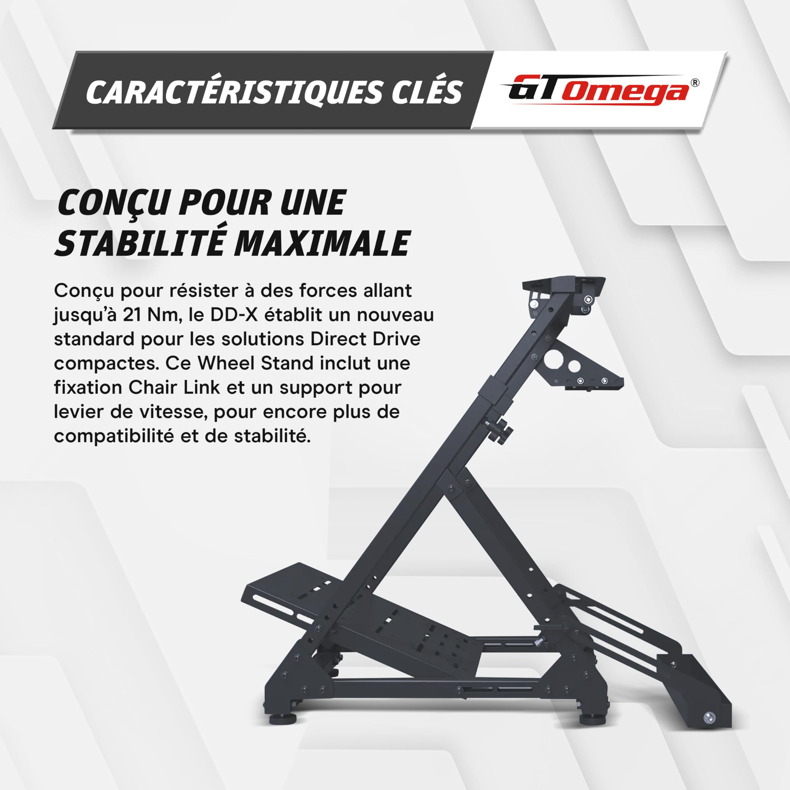 GT OMEGA DD-X Wheel Stand – Stabilité ultime pour ton setup, réglage angle & hauteur, support levier de vitesse réglable inclus