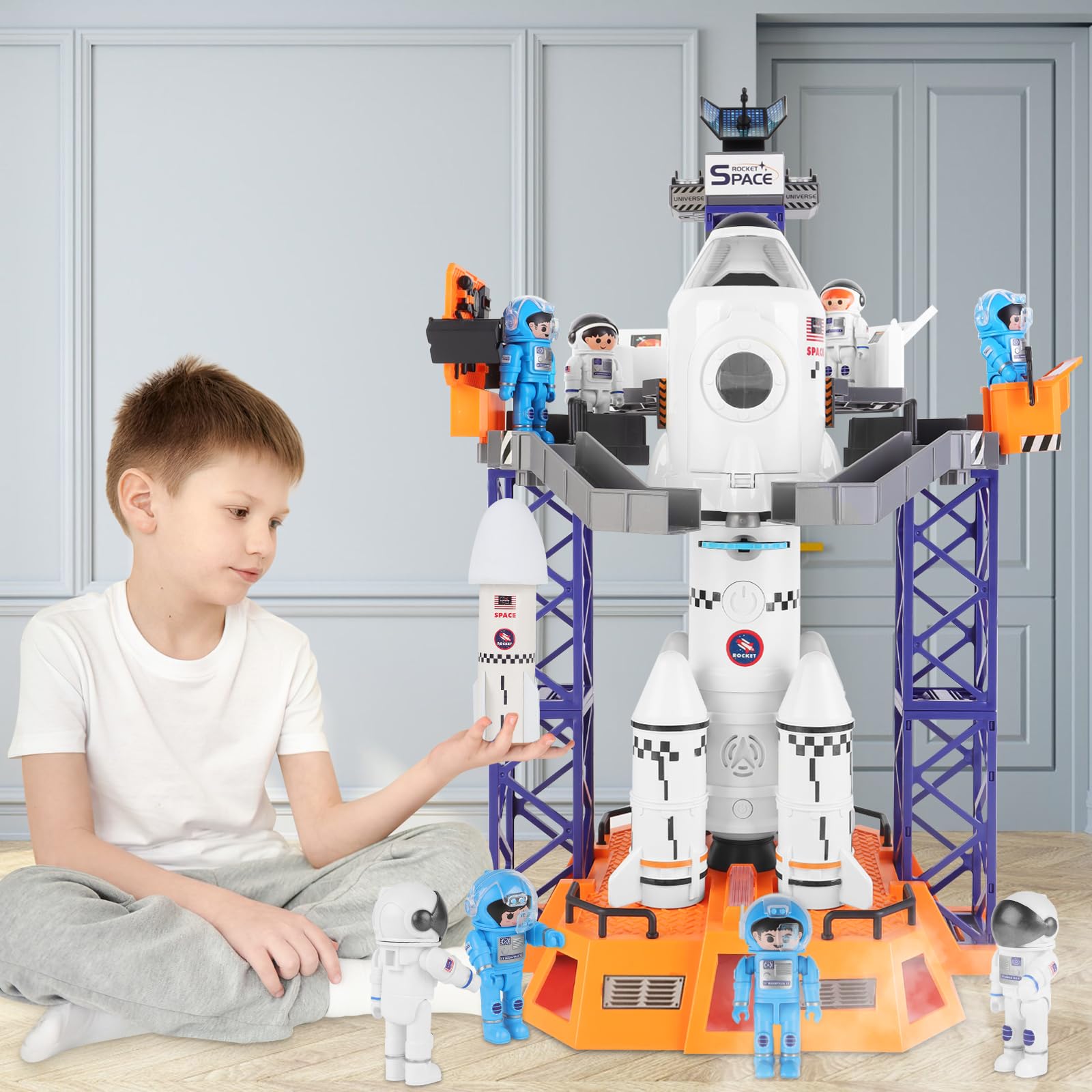 deAO Space Shuttle Rakete Spielzeug mit Licht & Sound, Rauchfunktionen, 5 In1 STEM Wissenschaft Lernspielzeug Projektionslampe Weltraumspielzeug, mit 4 Astronauten, Geschenk (Sky-1)