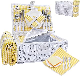 Neti Neti Wicker Picnic Basket for 4 with Insulated Cooler & Waterproof Blanket - Handwoven Luxury Outdoor Set with Ceramic Plates, Perfect for Beach, Camping & Romantic Getaways