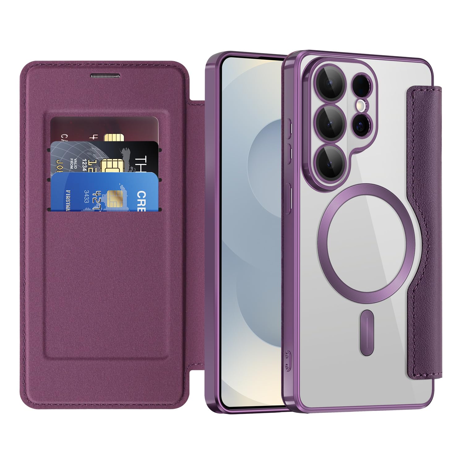 Magnetic Case for Samsung Galaxy S26 Ultra, [MagSafe Compatible] [RFID Blocking] Leather Flip Case Cover Shockproof Transparent Phone Case for Samsung S26 Ultra, WD Purple