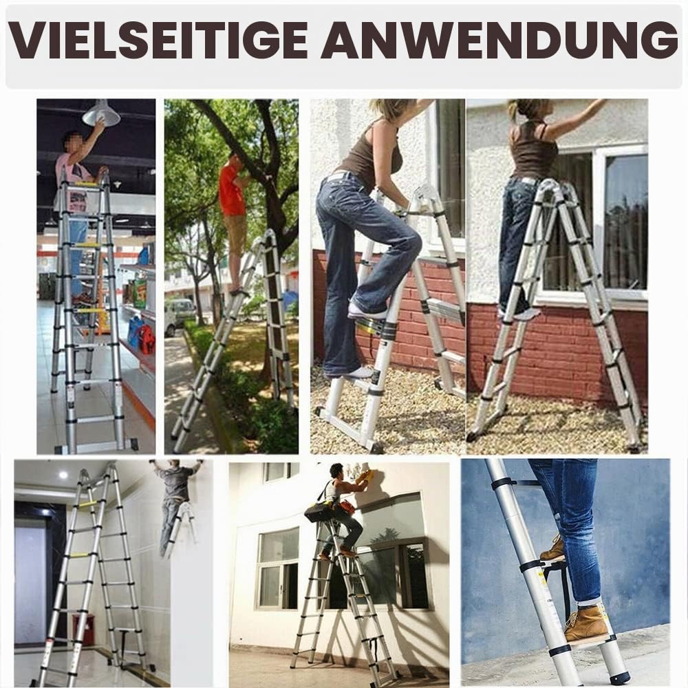 2,5+2,5m Aluminium Klappleiter Teleskopleiter, rutschfest Ausziehleiter Dachbodenleiter Ausziehbar Anlegeleiter, 8+8 Sprossen, Leicht zu Tragen, 150kg Tragkraft
