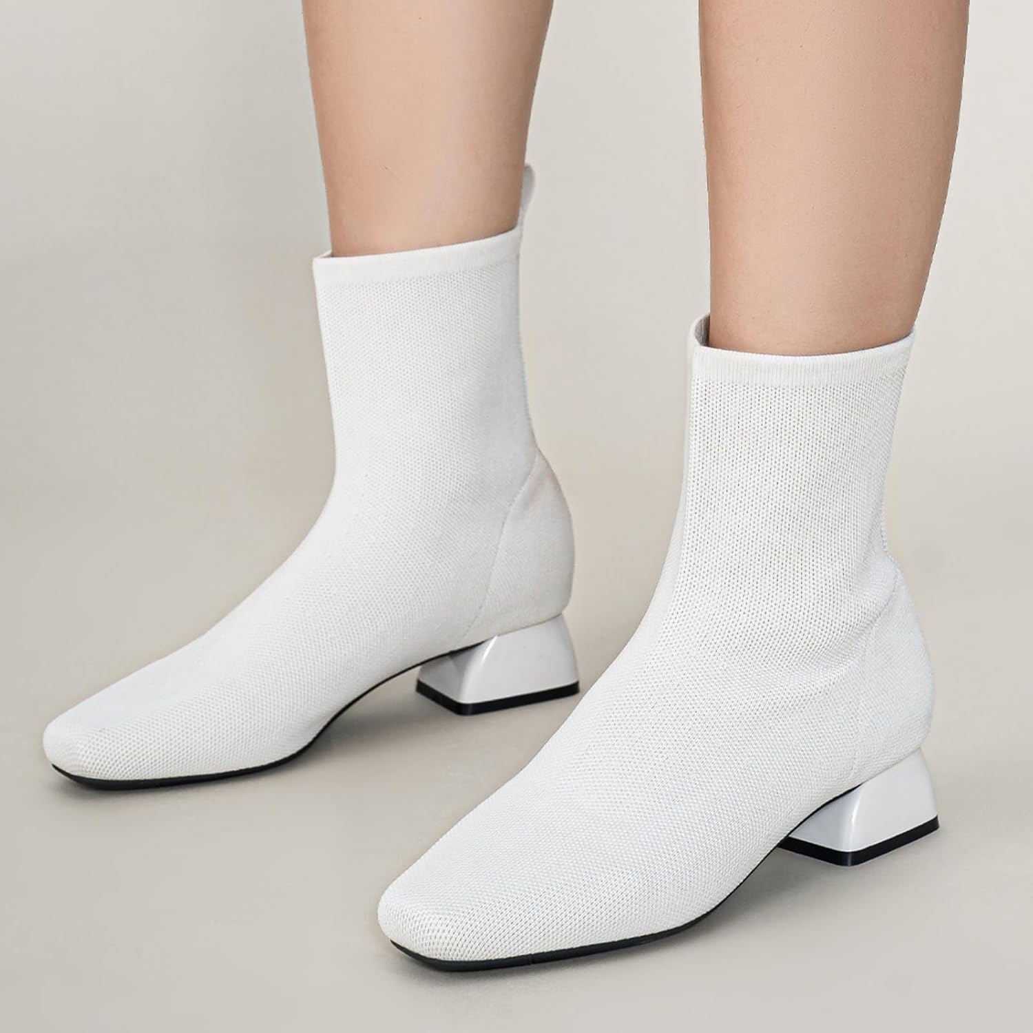 Buyrew Ankle Boots for Women Low Heel Booties Square Toe Sock Knit Chunky Winter Slip On Shoes