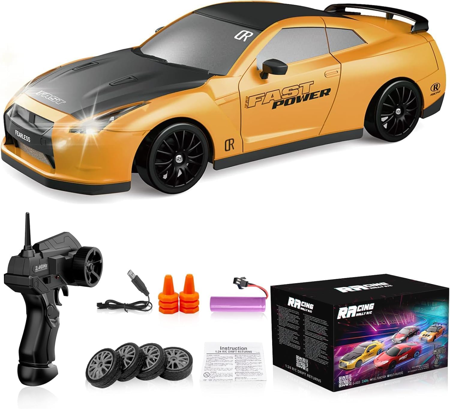 Hiend RC Car 1:24 Scale 4WD 15KM/H High Speed Model Vehicle with LED Lights Drifting Tires Racing Sport Toy Car for Kids