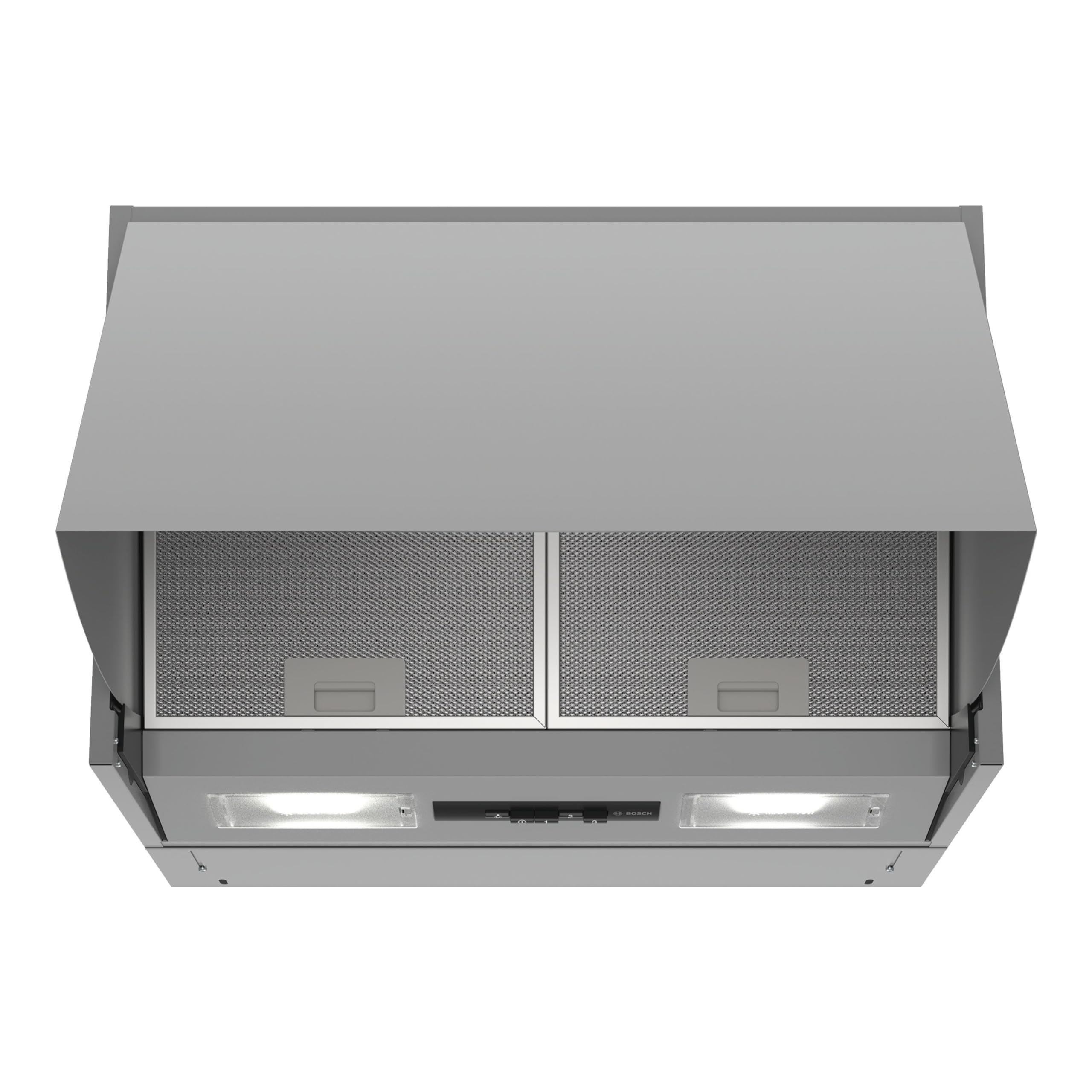 Bosch DEM63AC00, Serie 2, Zwischenbauhaube, Um- und Abluft, LED-Beleuchtung gleichmäßige Ausleuchtung, Drucktastenschalter, 3 Leistungsstufen, Metallfettfilter spülmaschinengeeignet, 60 cm breit