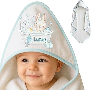 Cape de bain bébé personnalisée 100 x 100 cm - Coton Serviette bébé nouveau-né personnalisée avec prénom - Cadeaux pour nouveau-nés originaux - Fabriqué en Espagne (lapin bleu)