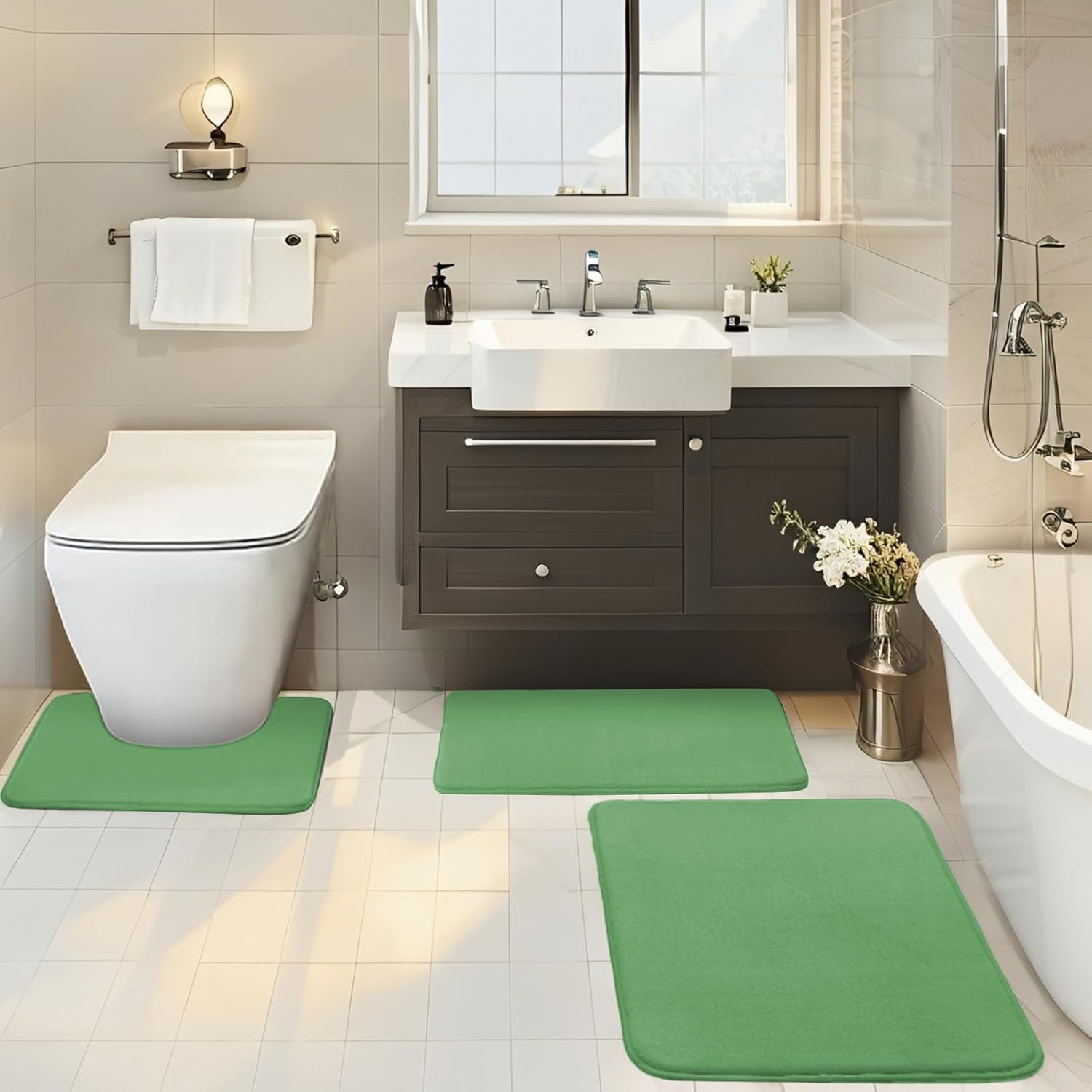 Bathroom Rug Set 3 Piece Soft Absorbent Microfiber Bath Mats Non-Slip Comfortable Memory Foam Bath U-Shaped Toilet Rug for Tub Shower Green, 16"x24"+20"x31"+U Shape 20"x20"