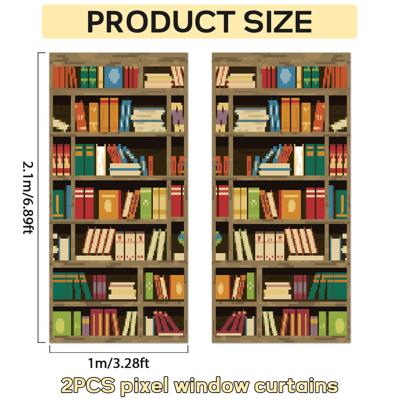 Pixelated Bookshelf Window Curtains Pixel Art Style Game Door Curtain for Boy Girl Kids Room Bedroom Playroom Nursery Home Office Decorations Fabric Machine Washable Video Game Gifts 83 x 79 in