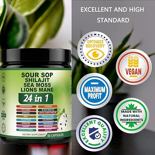 Miniatura 4 de Cápsulas de guanábana - Cápsulas de guanábana graviola 24 en 1 con shilajit, musgo marino, melena de león, cúrcuma, ashwagandha, vegano, miel de