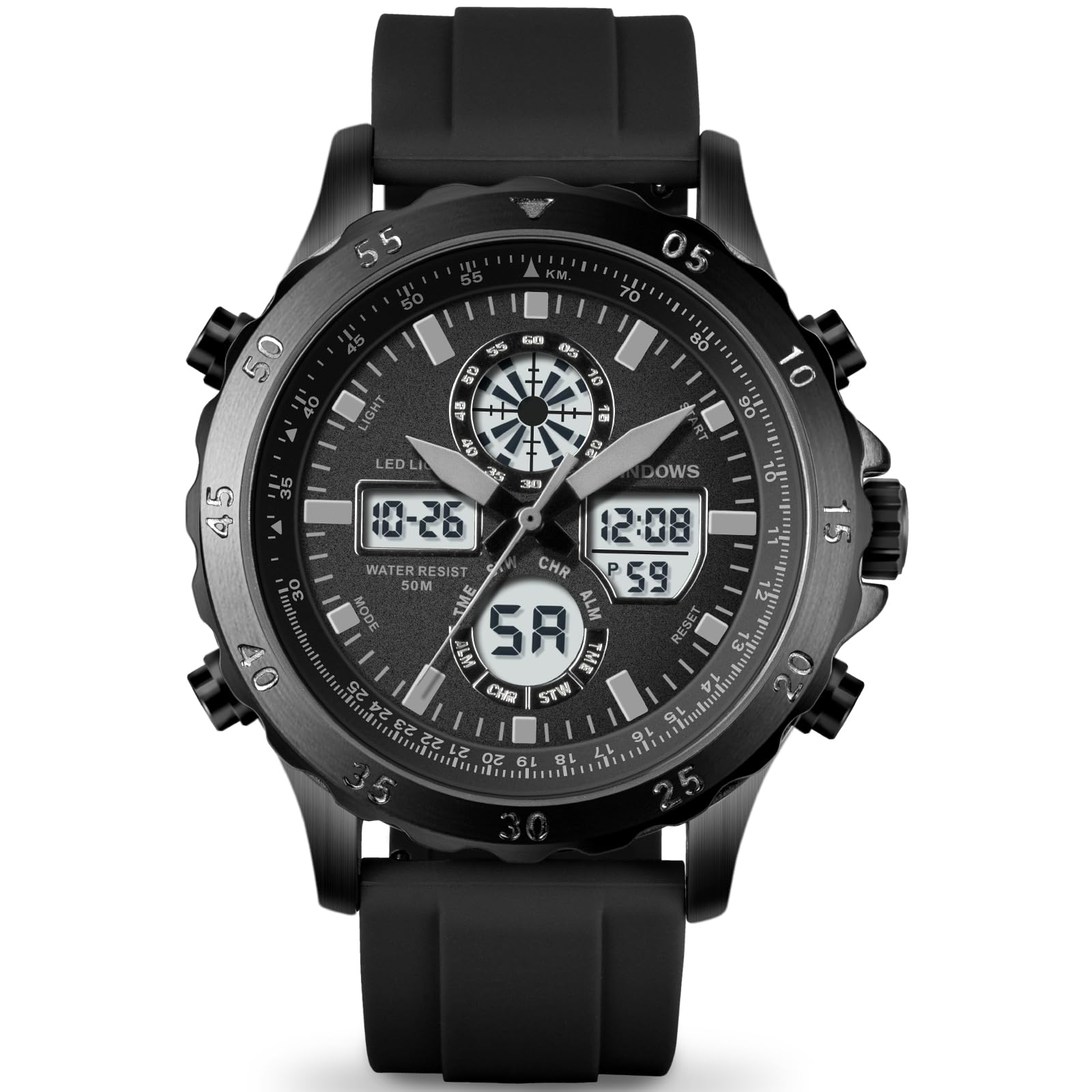 PINDOWSWatch for Men, Waterproof Big Dial Analog Digital Sport Multifunction LED Backlight Fashion Wristwatches, Alarm Stopwatch Calendar.