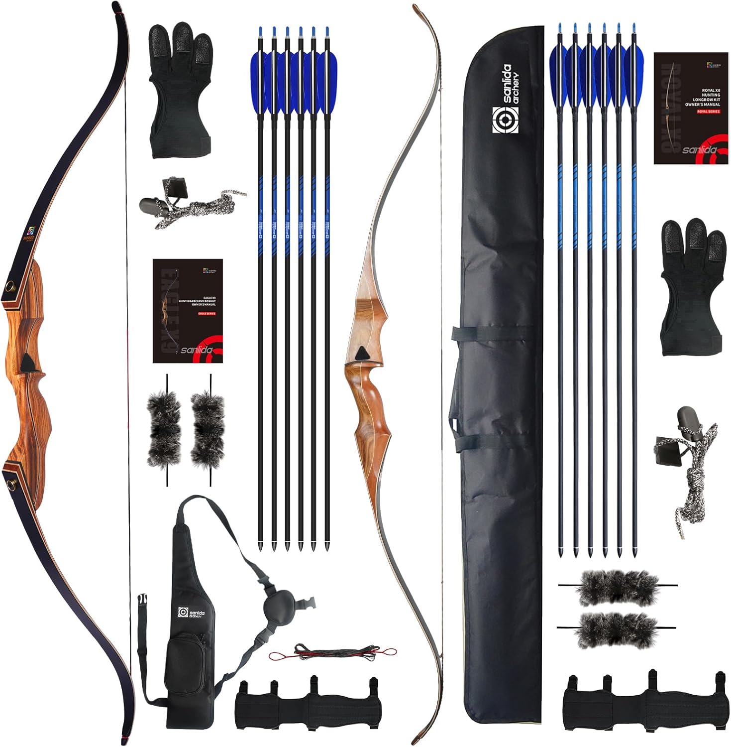Sanlida Archery 58" Eagle X9 Hunting Recurve Bow Set (30lbs) and Royal X8 60" One-Piece Bow Kit (30lbs, Dark Wood)