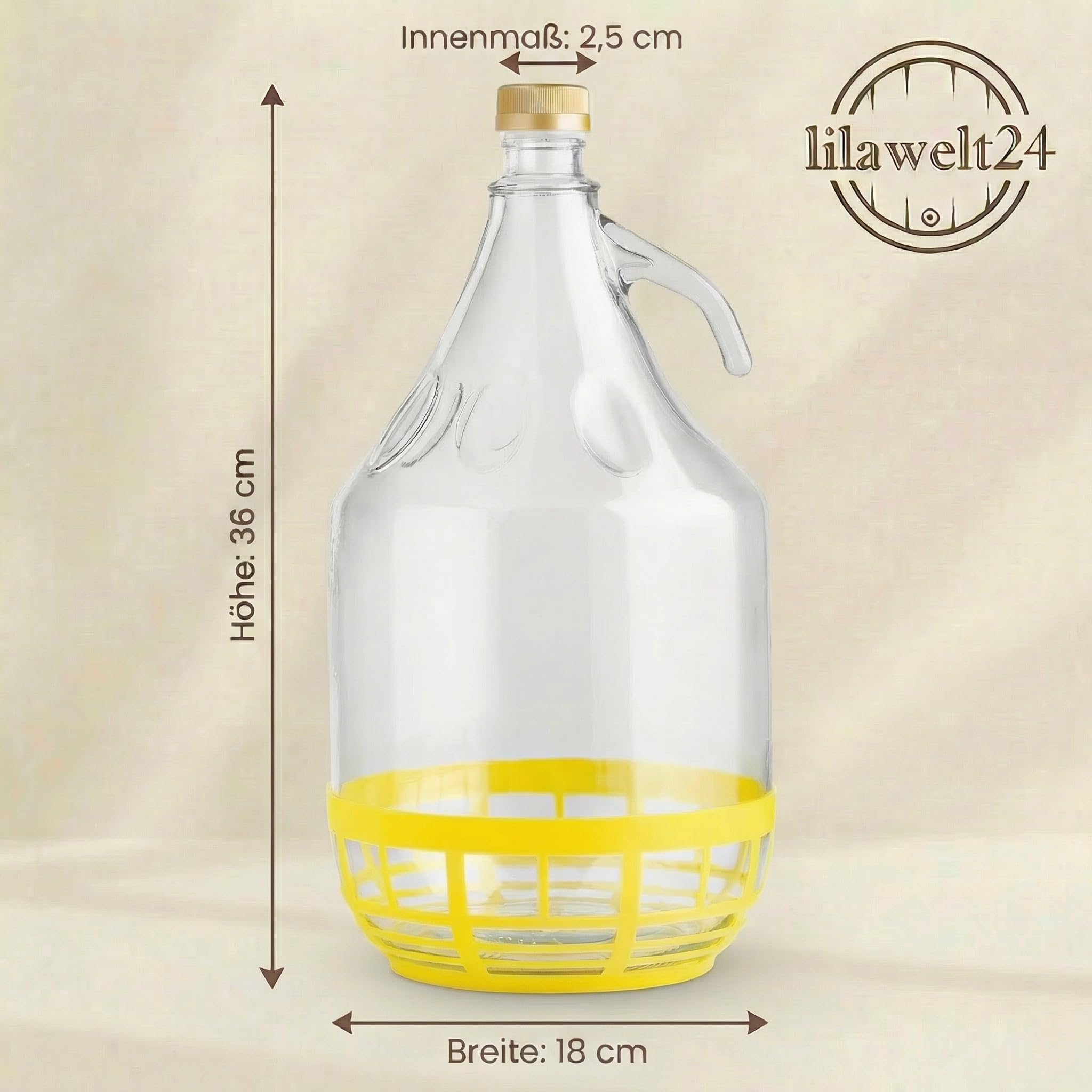lilawelt24 6 x 5L Glasballon (Gallone) mit Schutzkorb, Schraubverschluss & Henkel - Glasflasche für Wein, Gärung & Saft - EU-Qualität