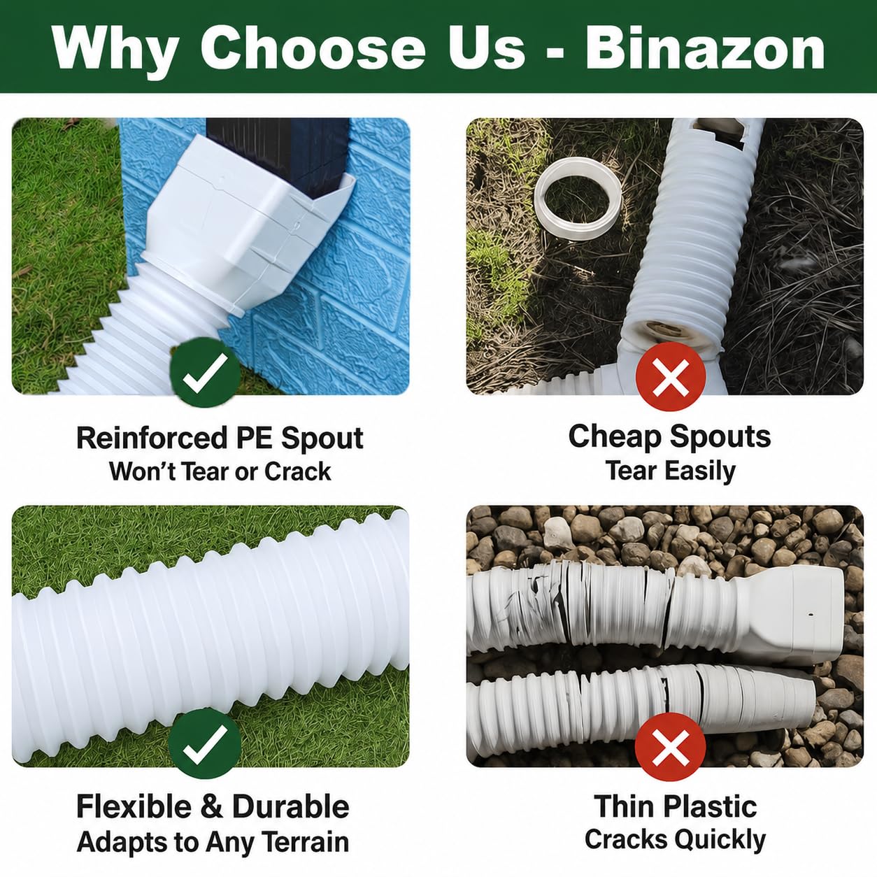 Paquete de 2 extensiones de canalón de lluvia flexibles, extensor de bajante para drenaje de agua de lluvia flexible, tubo de extensión de drenaje de boquilla descendente, extensible de 21 a 62