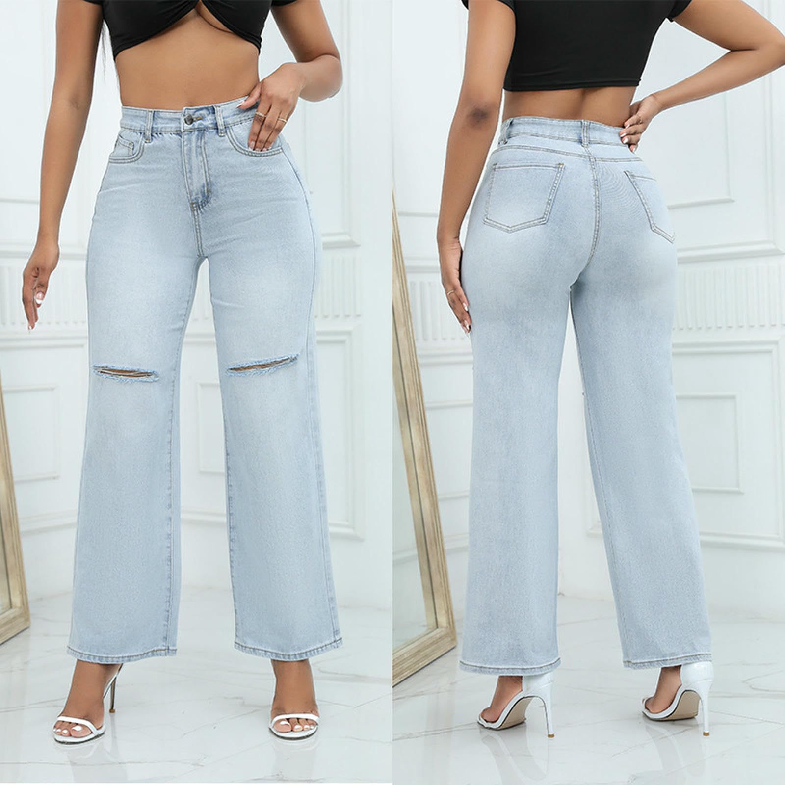 Jeans da Donna Strappati Elasticizzati - Boyfriend A Vita Alta Gamba Larga Donna-Blu Scuro-XL