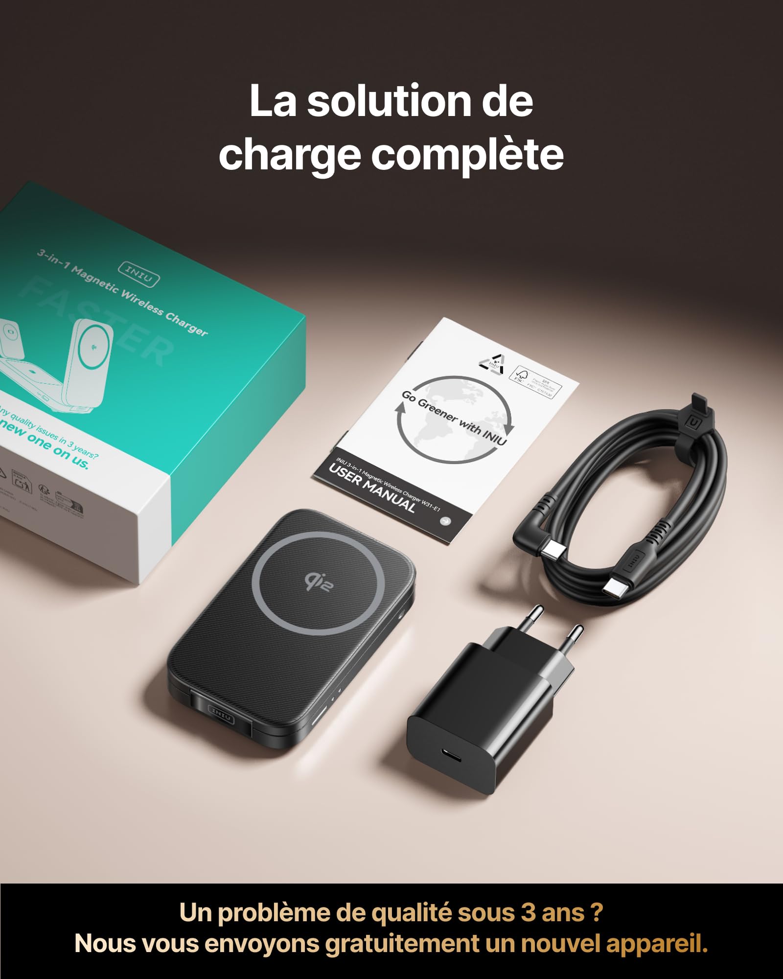 INIU 3 en 1 Chargeur Induction iPhone, 15W Certifié Qi2 Chargeur Sans Fil Magnétique, Station de Charge Rapide Mag-Safe Pliable pour Apple Watch SE iPhone 17 16 15 14 13 AirPods(avec Adaptateur USB C) | Pliable, Idéal pour Voyages, Station de Charge Rapid