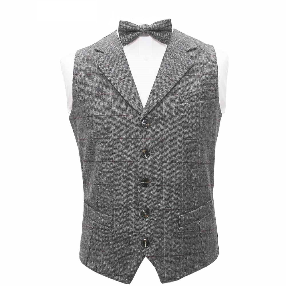 King & Priory Pewter Grey Herringbone Tweed Check Waistcoat & Bow Tie Set - XL | 44in Chest