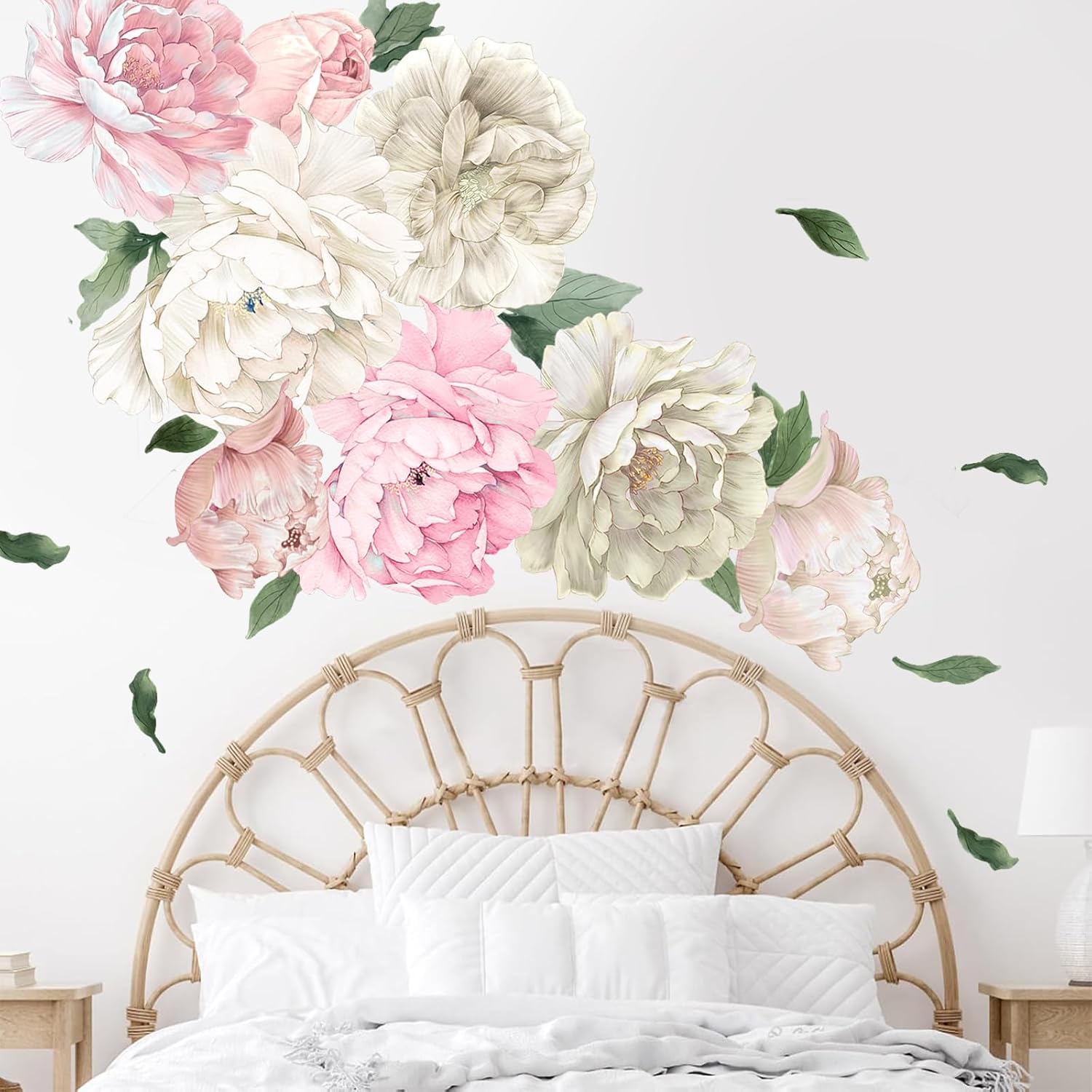 Large Pink and White Peony Wall Decals, Elegant Floral Stickers for Living Room Decor, Watercolor Vinyl Art for Bedroom, Master Bedroom & Home Decor