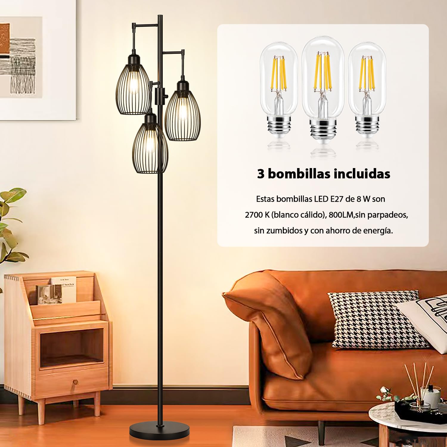 Nintiue Lampara de pie regulable, 3 bombillas LED de 800 lm incluida, lámpara de pie industrial de granja, con elegante jaula en forma de lágrima, Lamparas de pie salon para dormitorio y oficina