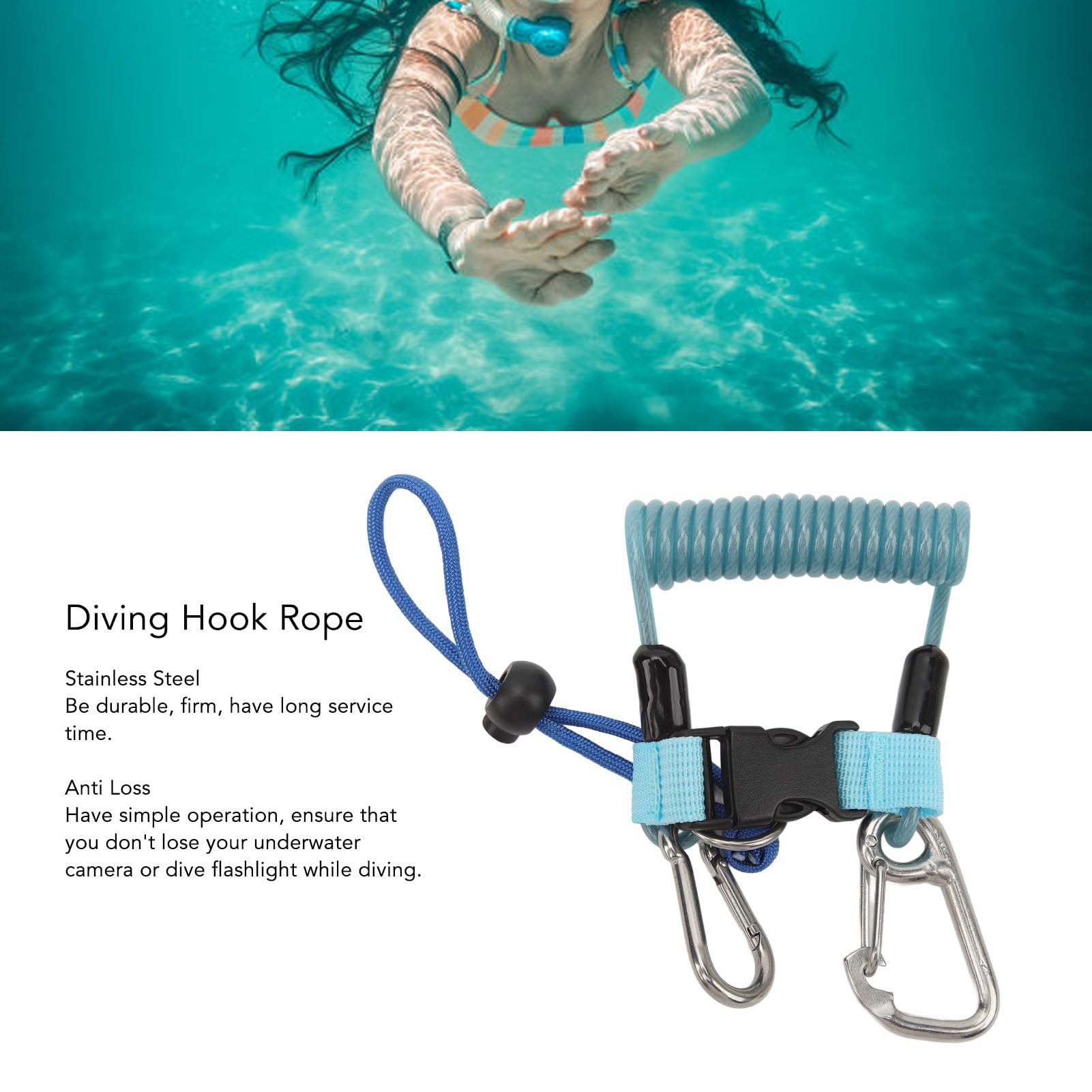 cardyven Scuba Diving Hook Rope, Stainless Steel Spring Coiled Lanyard Flexible Anti Lost Diving Camera Rope Diving Reef Hook Spring Rope with Quick Release Buckle (Blue)