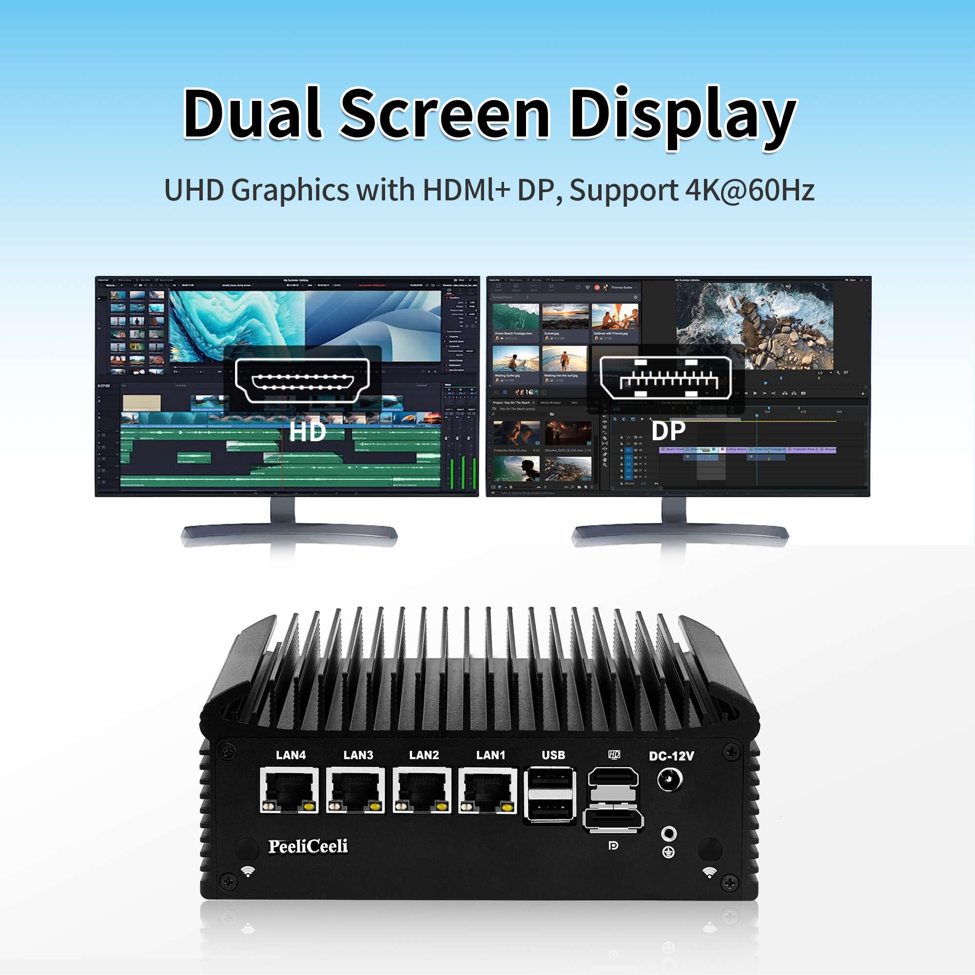 Mini PC Firewall, N305, Fanless Micro Computer Appliance, 4 x i226-V 2.5GbE LAN, Dual COM, Router Hardware, USB 3.1, HD, DP, OPNsense, AES-NI, DDR4, Barebone NO RAM NO SSD
