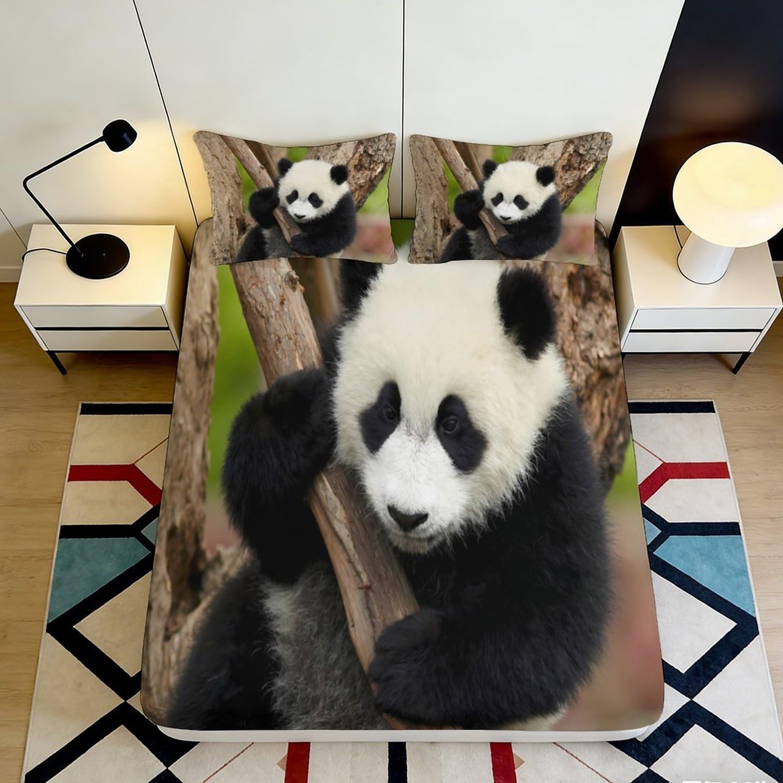 3D Printed Panda Tree Fitted Sheet Microfiber Soft Anti-Slip Bedroom Decor Wildlife Bed Cover for Home Dorm Guest Room 90x200x25cm