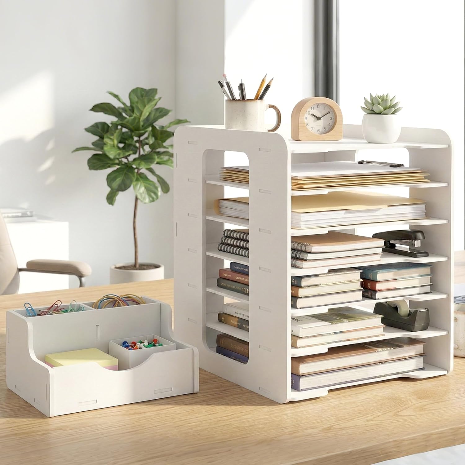 Desk Organizer, 7-Tier File Organizer for Desk, Letter Tray Paper, Desktop Document Sorter for Letter, File Folder Holder with Pen Holder for Office, Home or School- White MLT001W7